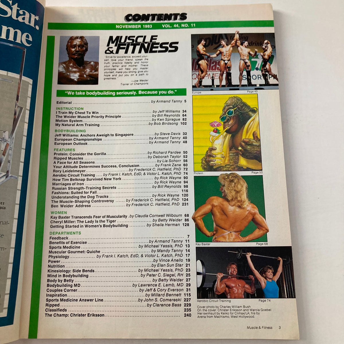Contents page of Muscle & Fitness Magazine November 1983 displaying articles, features, and listings related to bodybuilding.