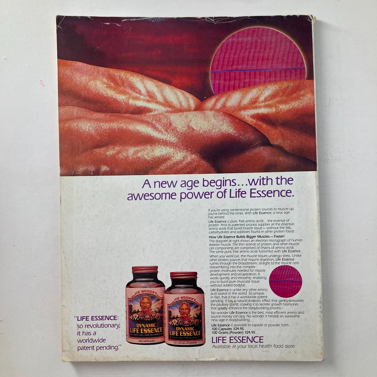 Back cover of Muscle & Fitness Magazine November 1983 promoting Life Essence dietary supplement.
