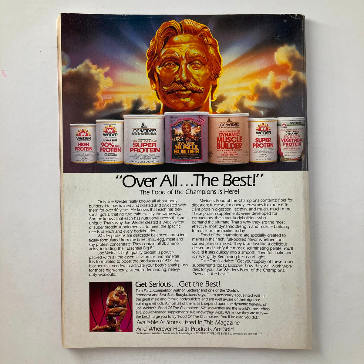 Back cover of Joe Weider's Muscle & Fitness Magazine May 1984, promoting Joe Weider's protein products with a graphic design featuring a golden statue and various protein supplement containers.