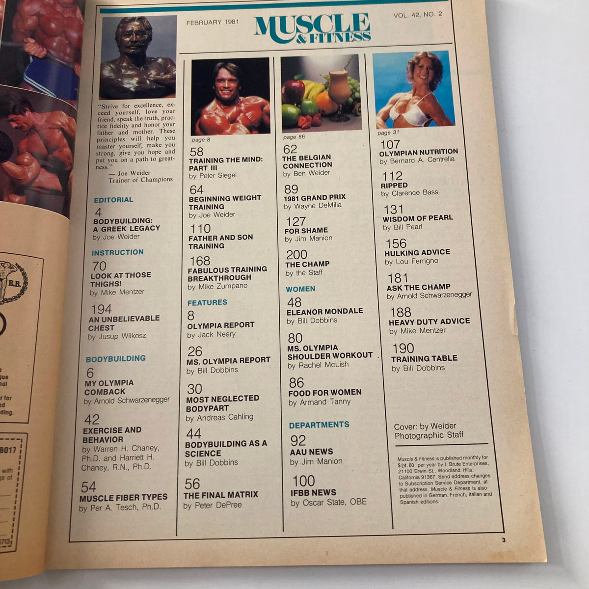 Interior page of Joe Weider's Muscle & Fitness Magazine from February 1981 displaying the table of contents and articles related to bodybuilding and fitness.