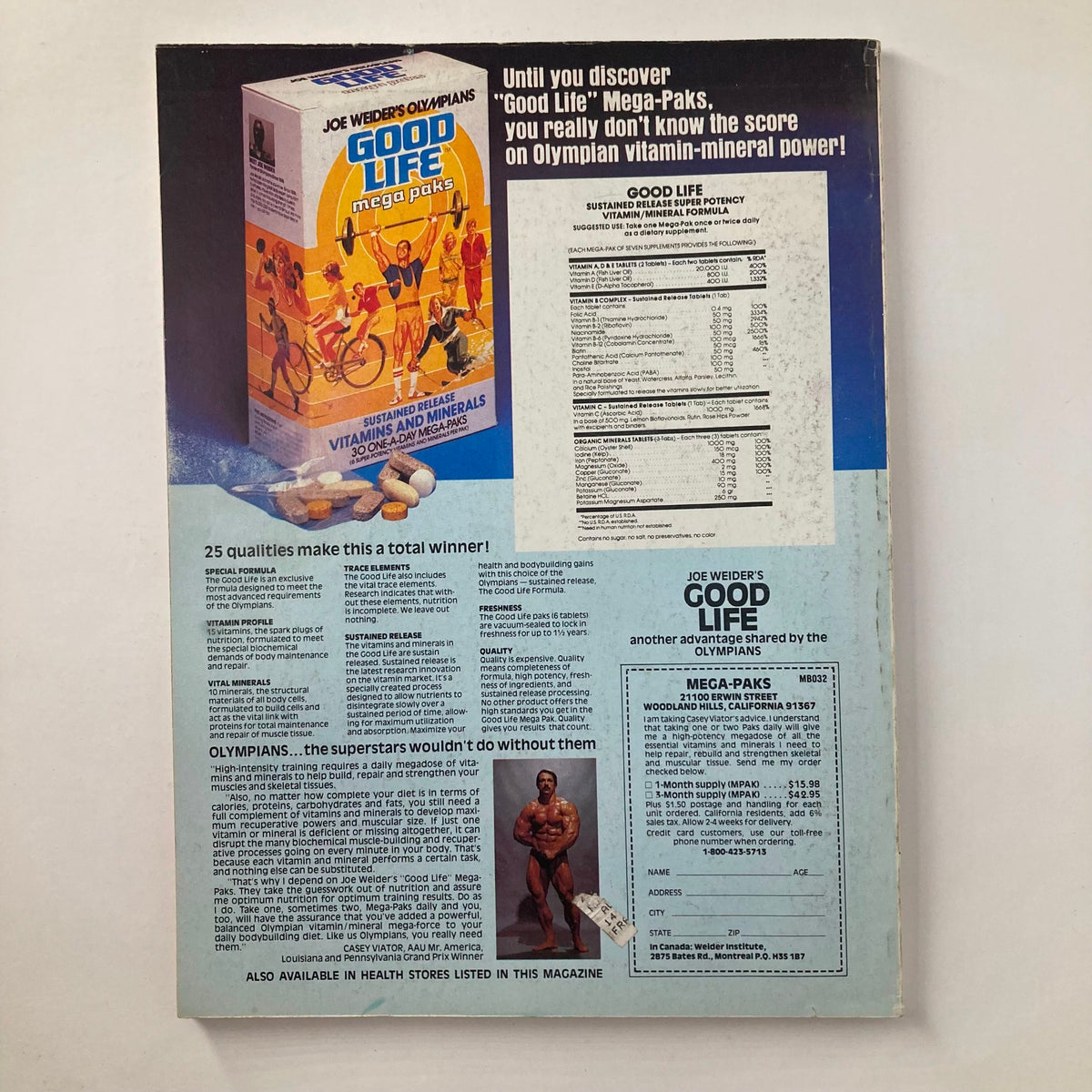 Back cover of Joe Weider's Muscle & Fitness Magazine December 1981, showcasing an advertisement for Joe Weider's Good Life Mega-Paks vitamins and minerals.