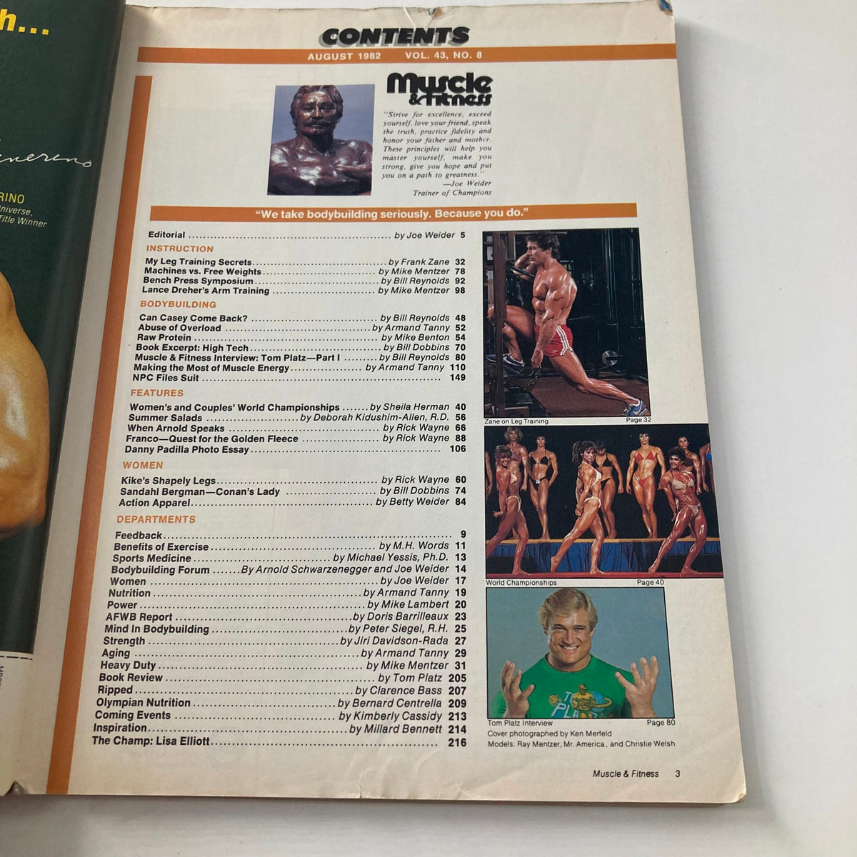 Contents page of Muscle & Fitness Magazine August 1982 displaying article titles and featured fitness icons, highlighting notable topics in bodybuilding and exercise.
