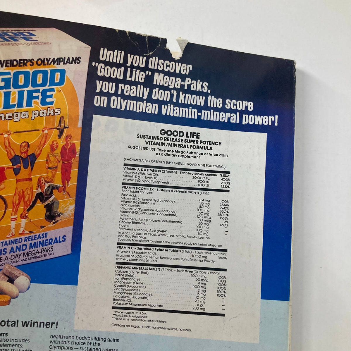 Back cover of Joe Weider's Muscle & Fitness Magazine July 1982 featuring promotional information for Good Life Mega-Paks vitamins and mineral supplements, highlighting nutritional information and suggested use.