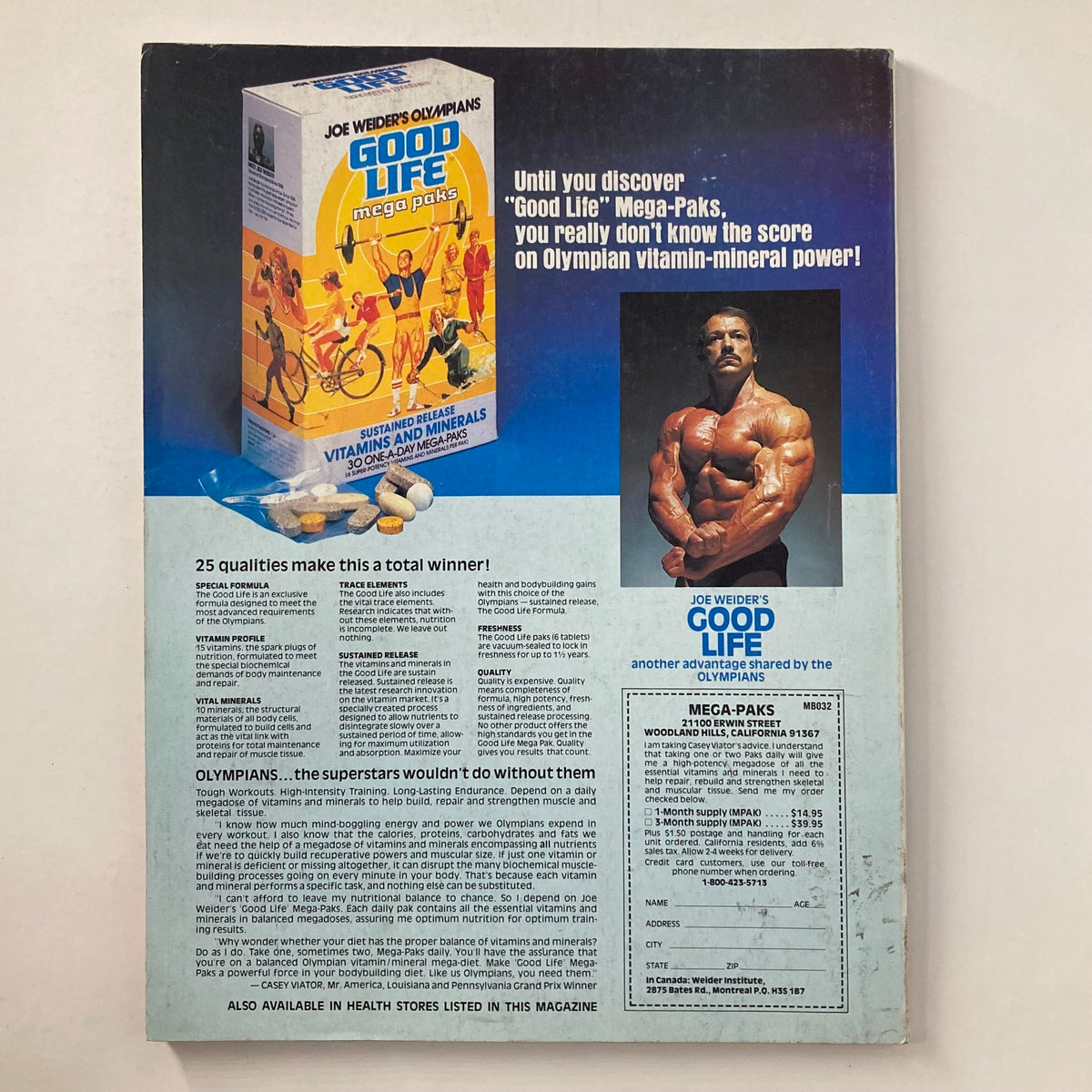 Back cover of Joe Weider's Muscle & Fitness Magazine August 1980 featuring 'Good Life' Mega-Paks advertisement with a muscular male image, promoting vitamins and minerals for fitness enthusiasts.