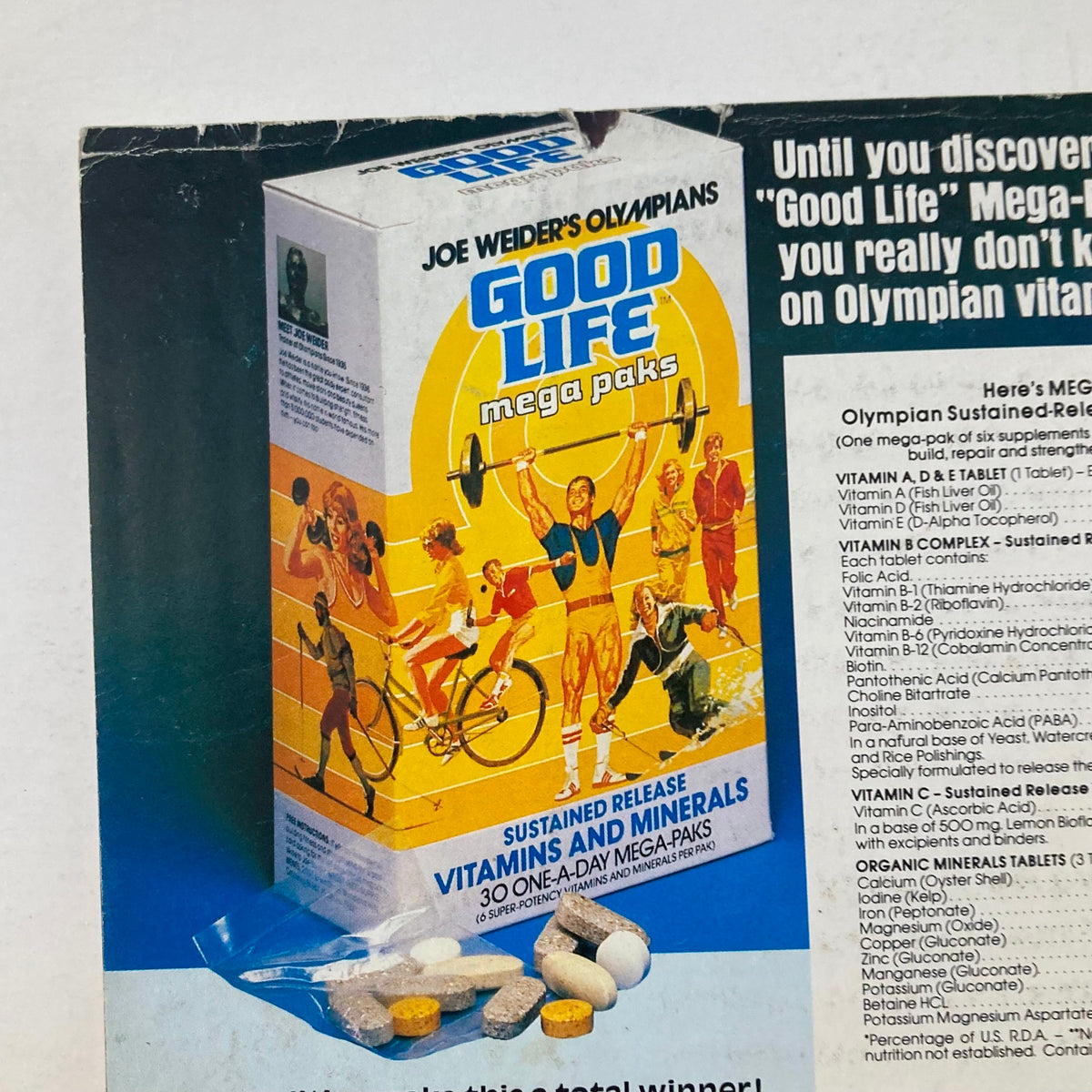 Joe Weider's Olympians 'Good Life' Mega Paks vitamins and minerals advertisement featured on Muscle & Fitness Magazine November 1980. The packaging showcases sustained release supplements, with an illustration of athletes engaging in various fitness activities.