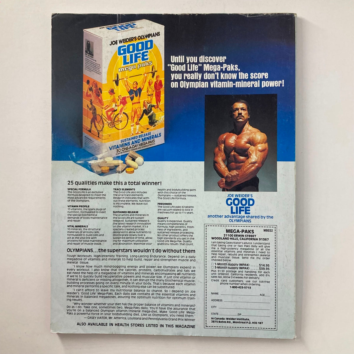 Back cover of Joe Weider's Muscle & Fitness Magazine, July 1980, advertising Good Life Mega-Paks nutritional supplements with an image of a muscular man promoting fitness.