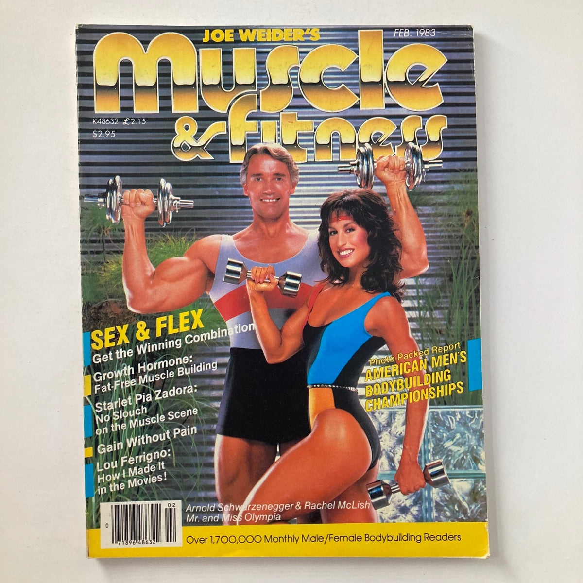 Cover of Joe Weider's Muscle & Fitness Magazine February 1983 featuring Arnold Schwarzenegger and Rachel McLish, showcasing fitness themes like bodybuilding and nutrition.