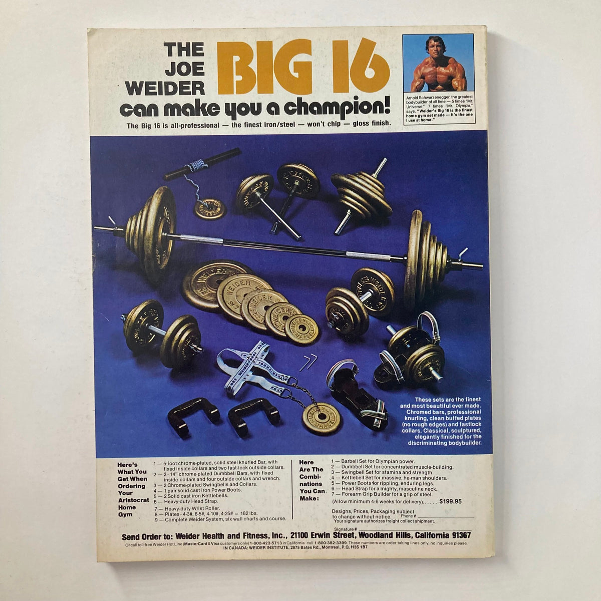 Back cover of Joe Weider's Muscle & Fitness Magazine February 1983 showcasing the Joe Weider Big 16 weight set with an endorsement from Arnold Schwarzenegger highlighting fitness equipment.