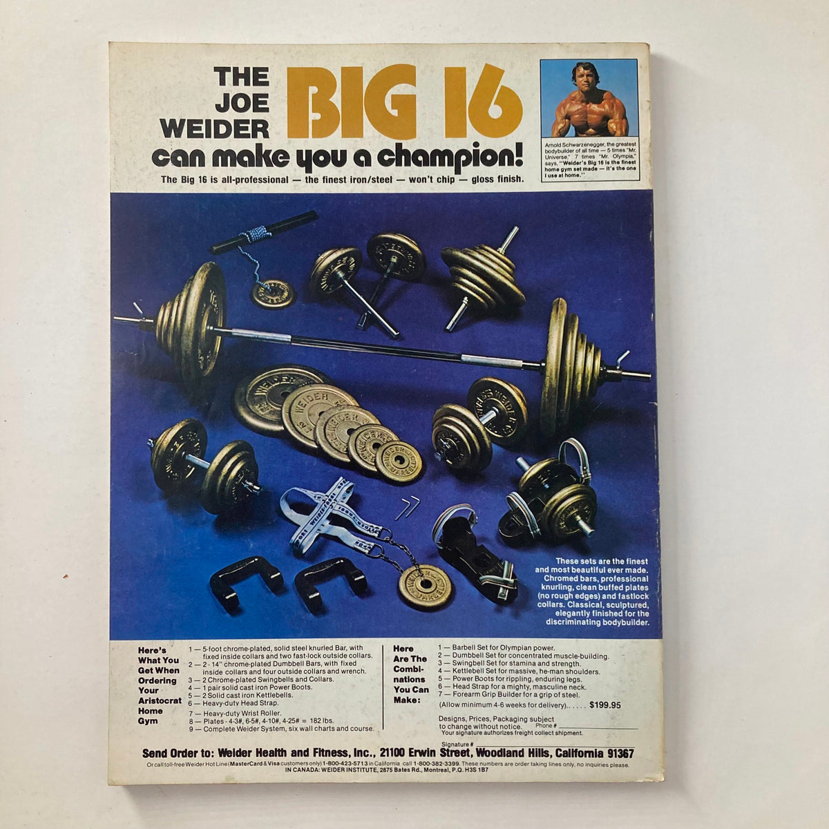 Back cover of Joe Weider's Muscle & Fitness Magazine January 1983, promoting the Joe Weider Big 16 home gym equipment. The advertisement features weightlifting gear and highlights the value and quality of the fitness system.