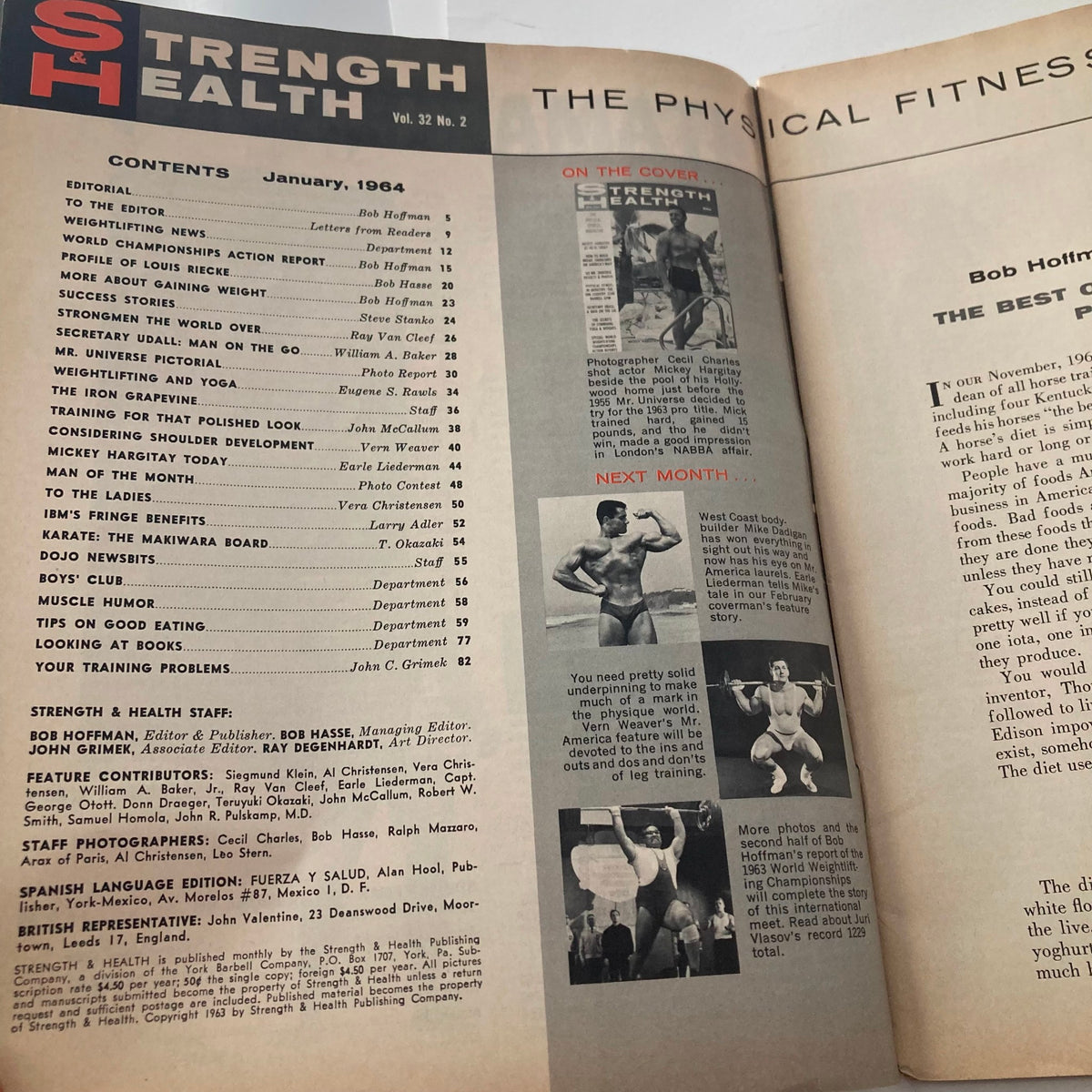 Interior page of VTG Strength & Health Magazine January 1964, illustrating the table of contents with notable features including Mickey Hargitay and fitness advice.