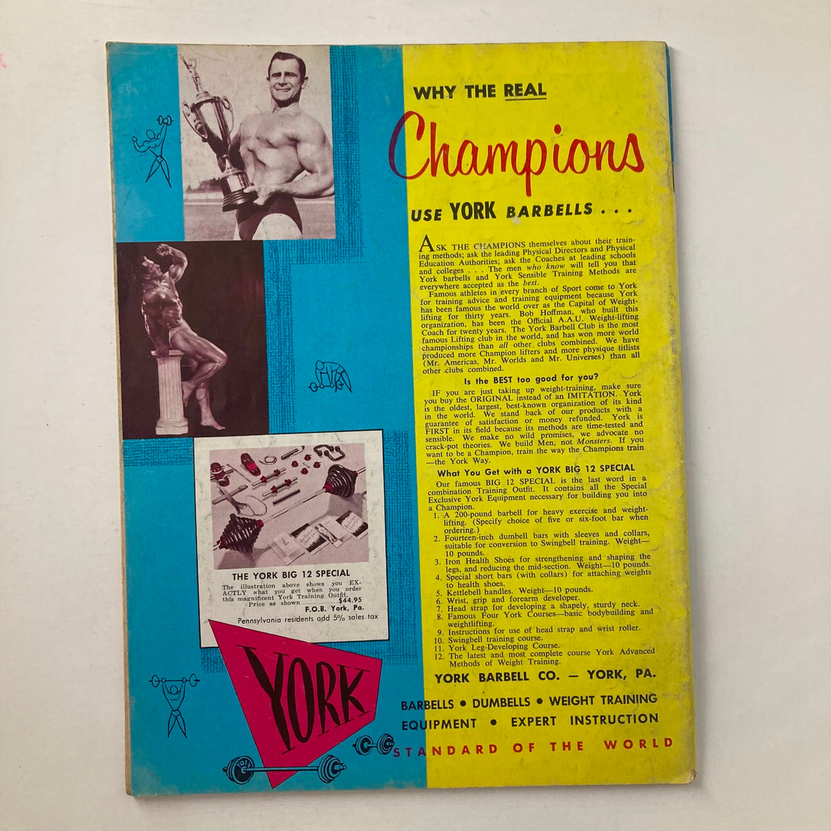 Back cover of VTG Strength & Health Magazine January 1964, advertising York Barbells with images of champions and promoting weight training equipment.