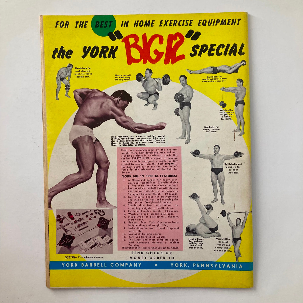 Back cover of VTG Strength & Health Magazine May 1955 showcasing the York Big R Special home exercise equipment.