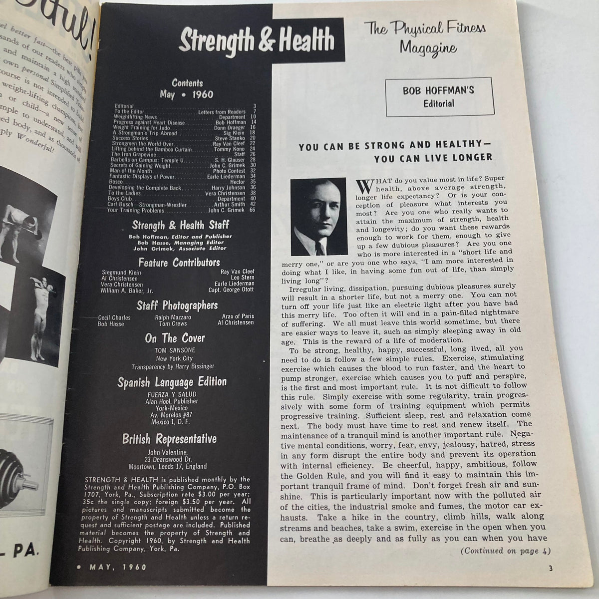 Interior page of VTG Strength & Health Magazine May 1960, displaying the contents and editorial from Bob Hoffman, emphasizing health and strength ideals of the era.