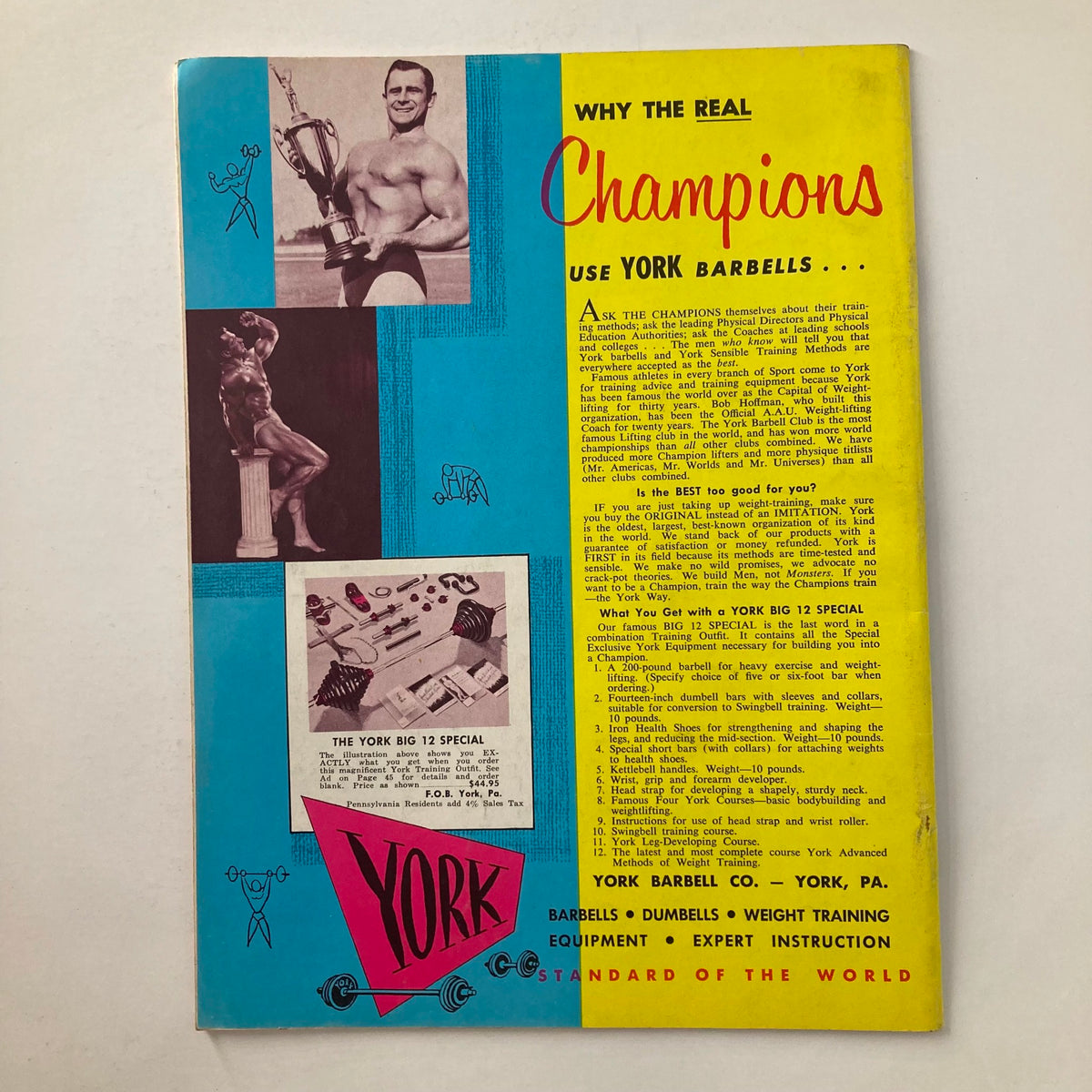 VTG Strength & Health Magazine May 1960 showcasing an advertisement for York Barbells, featuring fitness illustrations and text promoting their gym equipment and training methods.