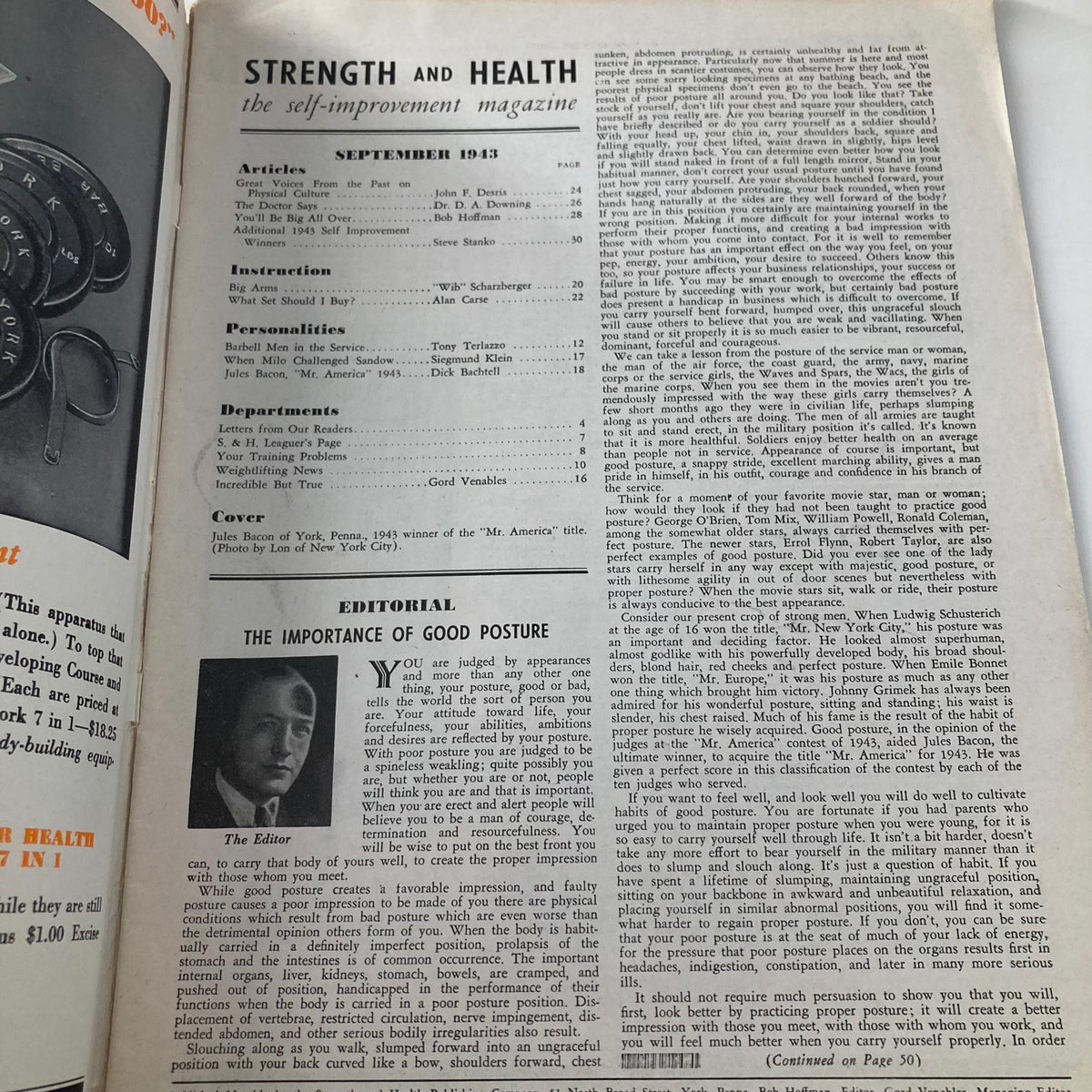 Inside page of Strength & Health Magazine September 1943, displaying the table of contents and editorial section discussing the importance of good posture.