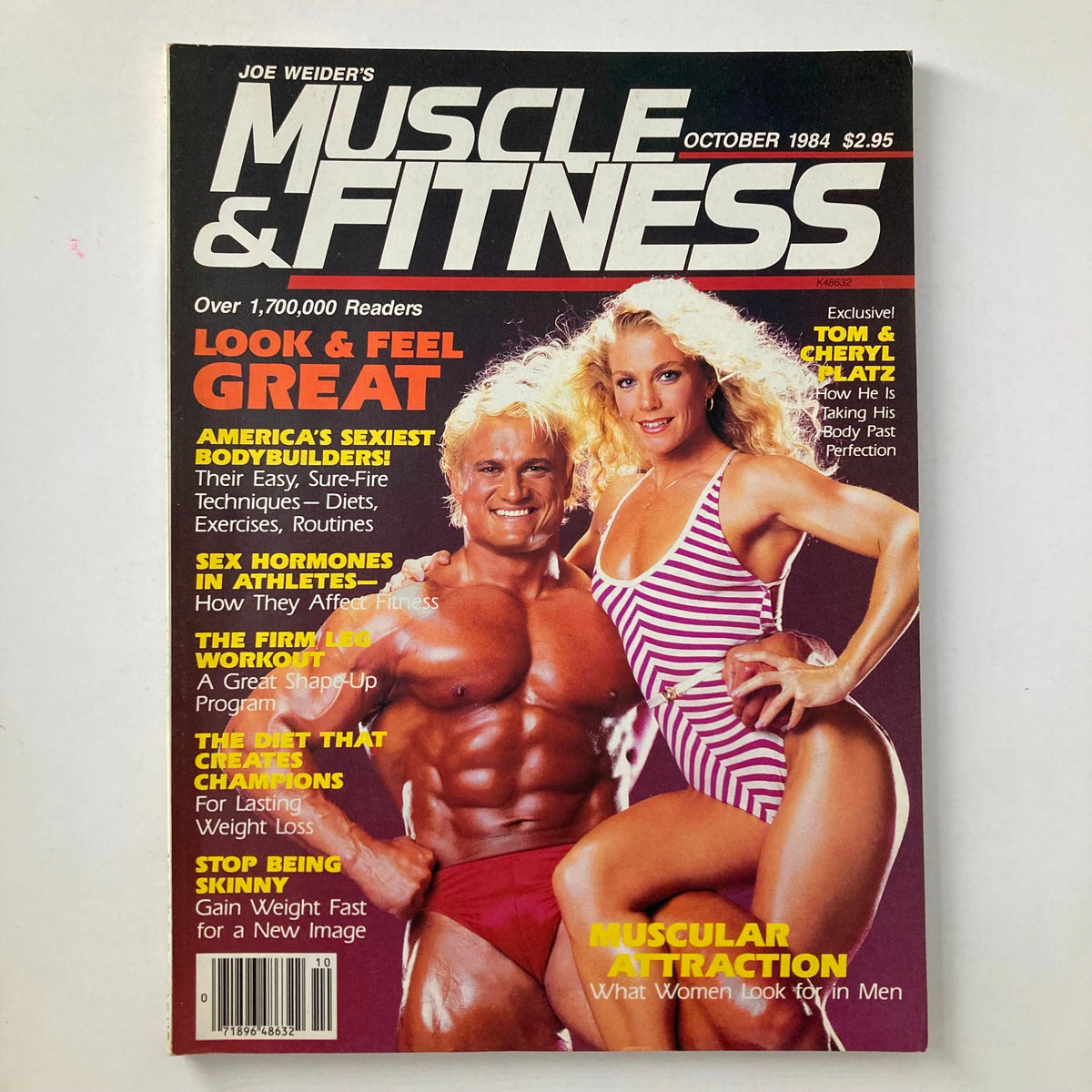 Cover of Joe Weider's Muscle & Fitness Magazine from October 1984 featuring Tom and Cheryl Platz. The headline highlights fitness tips, bodybuilding techniques, and articles relevant to the 1980s fitness culture.
