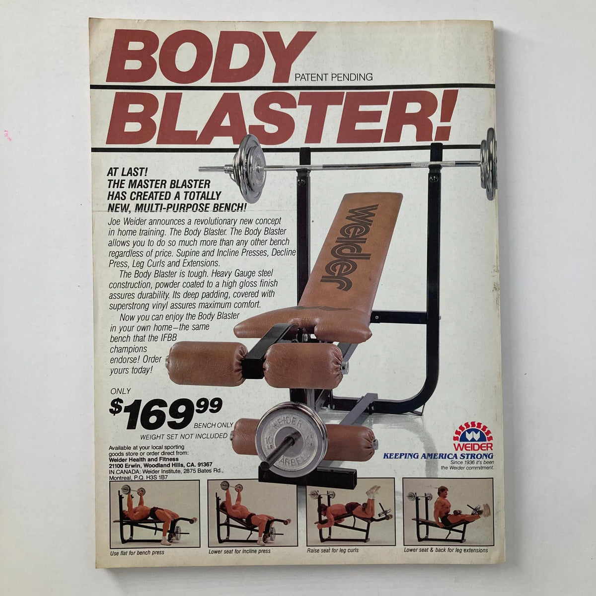 Advertisement for 'Body Blaster,' a multi-purpose exercise bench from Joe Weider, showcased in Muscle & Fitness Magazine October 1984.