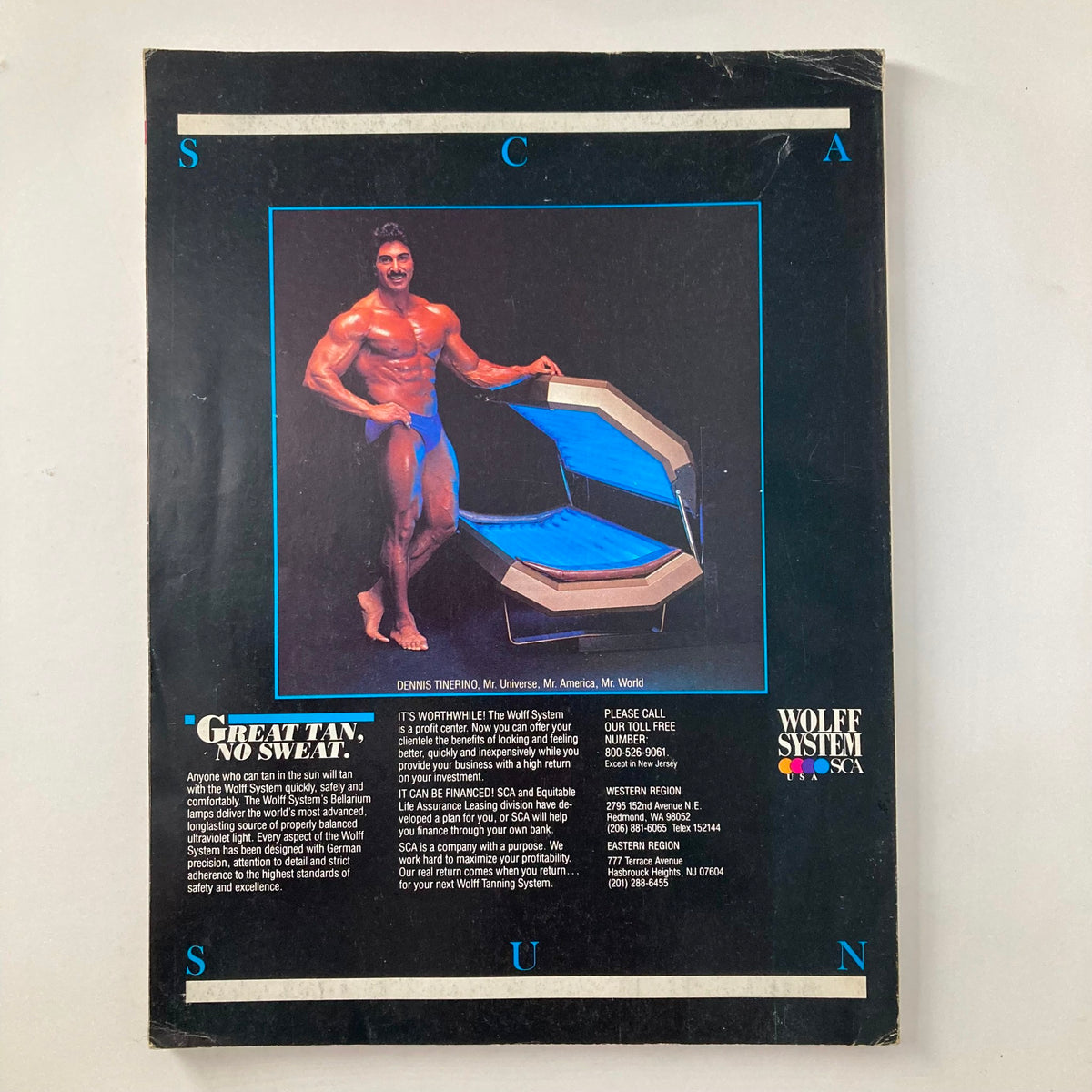 Back cover of Joe Weider's Muscle & Fitness Magazine - October 1983, advertising a tanning system with a muscular model demonstrating the product.