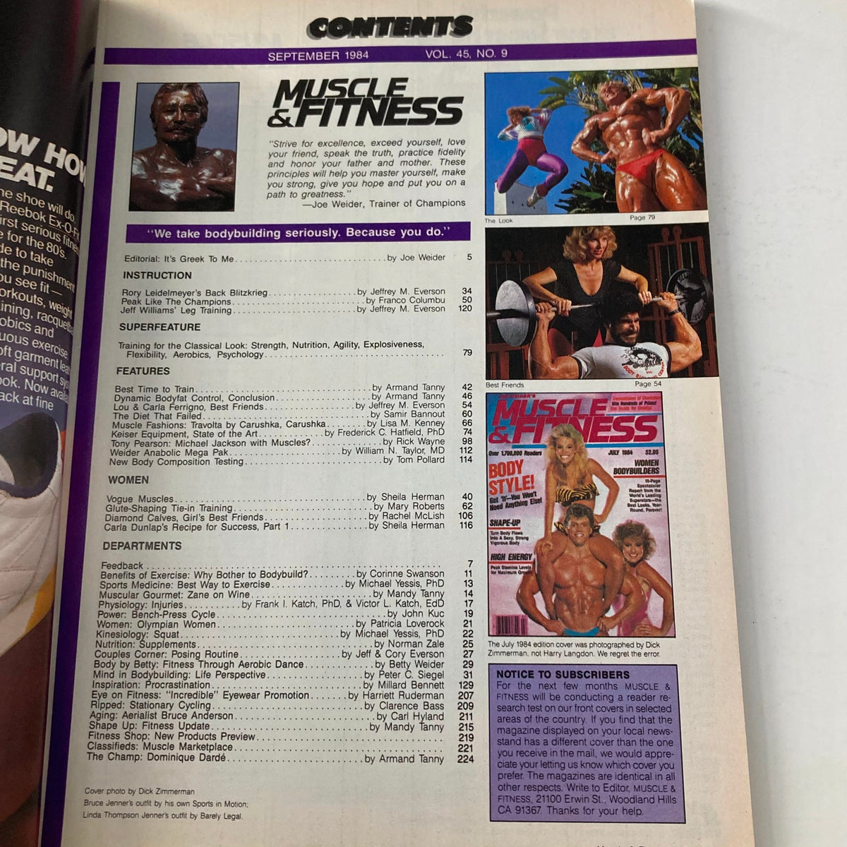 Contents page of Muscle & Fitness Magazine September 1984, featuring articles on bodybuilding and fitness, with notable celebrity Bruce Jenner and images highlighting workout routines.