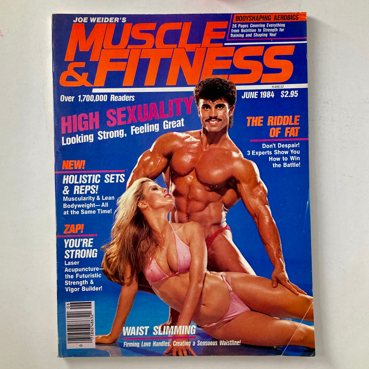 Cover of Joe Weider's Muscle & Fitness Magazine from June 1984 featuring fitness models Lenka Novak and Rory Leidelmeyer. The magazine includes titles on high sexuality, holistic sets, and waist slimming, showcasing a vintage 1980s fitness aesthetic.