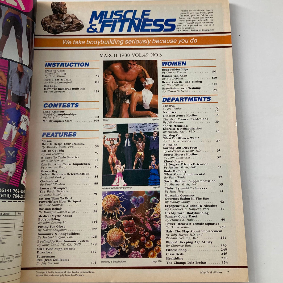 Table of contents from Joe Weider's Muscle & Fitness Magazine March 1988, showcasing various articles on bodybuilding, fitness instruction, and nutrition guidelines.