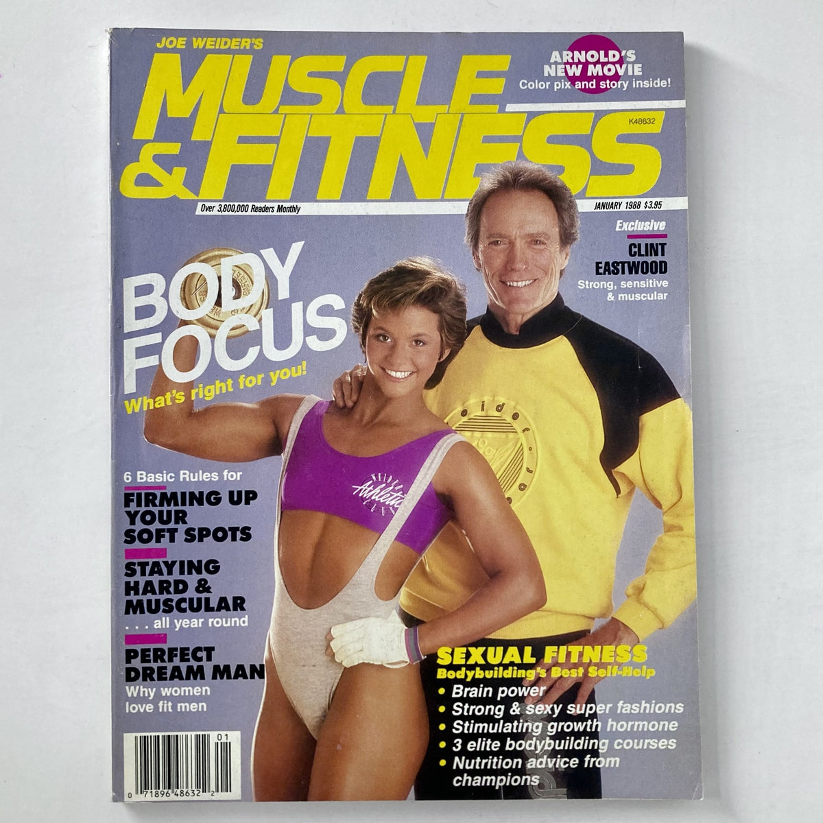 Cover of Joe Weider's Muscle & Fitness Magazine January 1988 featuring Clint Eastwood and a model showcasing fitness and workout tips.