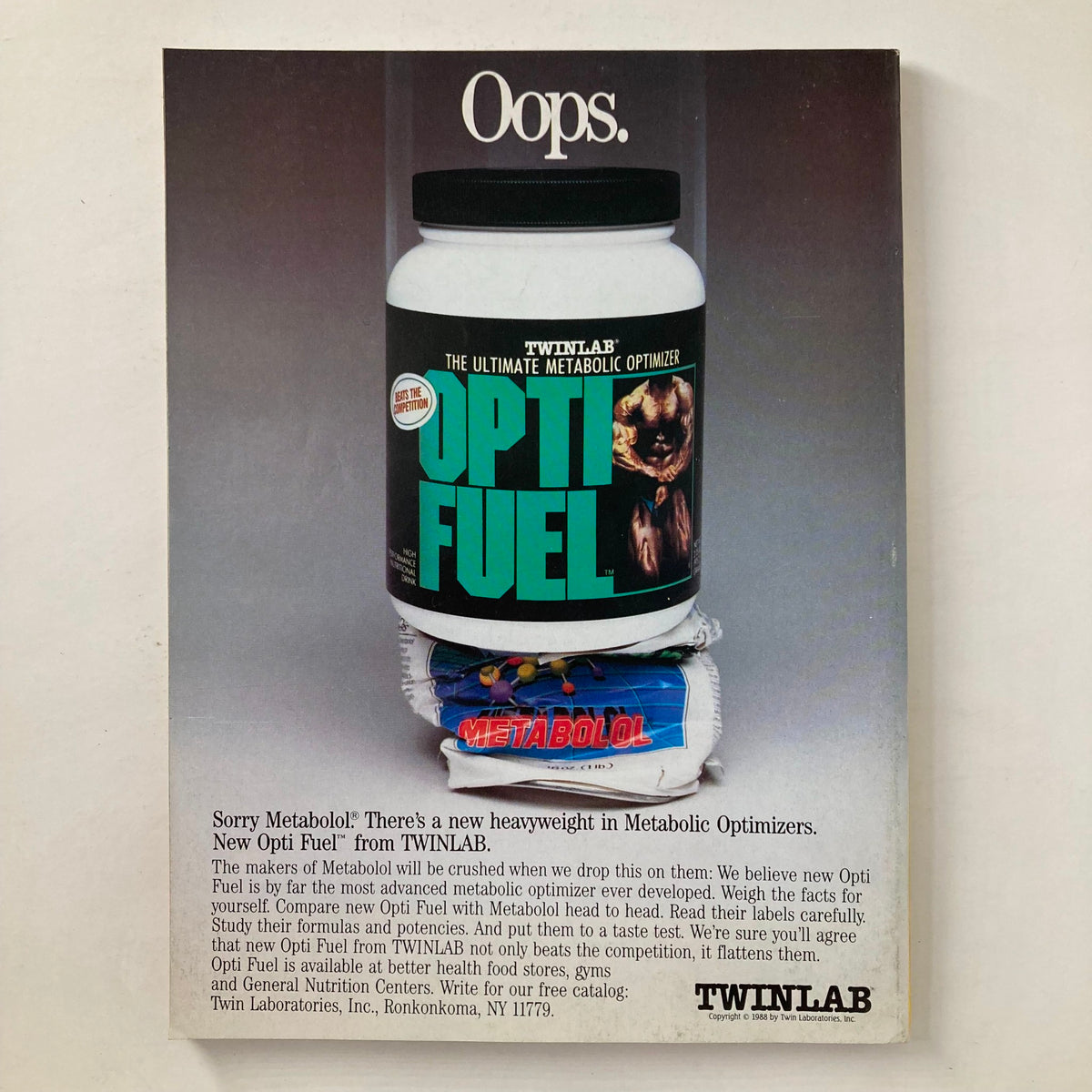 Back cover advertisement of Joe Weider's Muscle & Fitness Magazine, October 1988, promoting TWINLAB's Opti Fuel and featuring product imagery and marketing text.