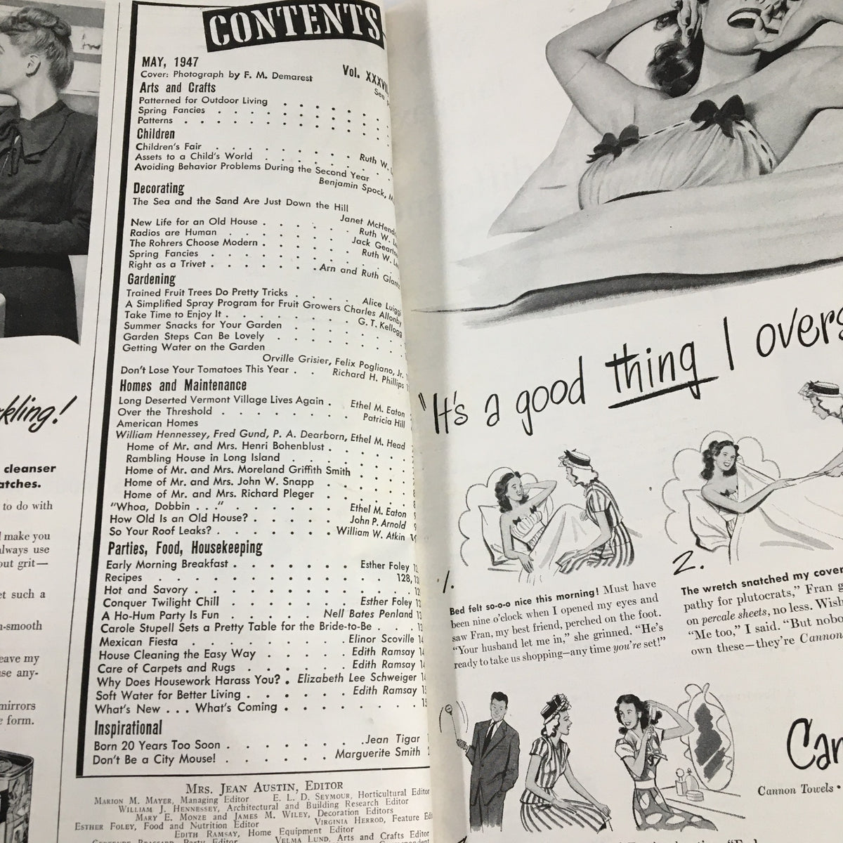 Contents page of 'VTG The American Home May 1947' magazine detailing articles on outdoor living, gardening, and lifestyle topics.