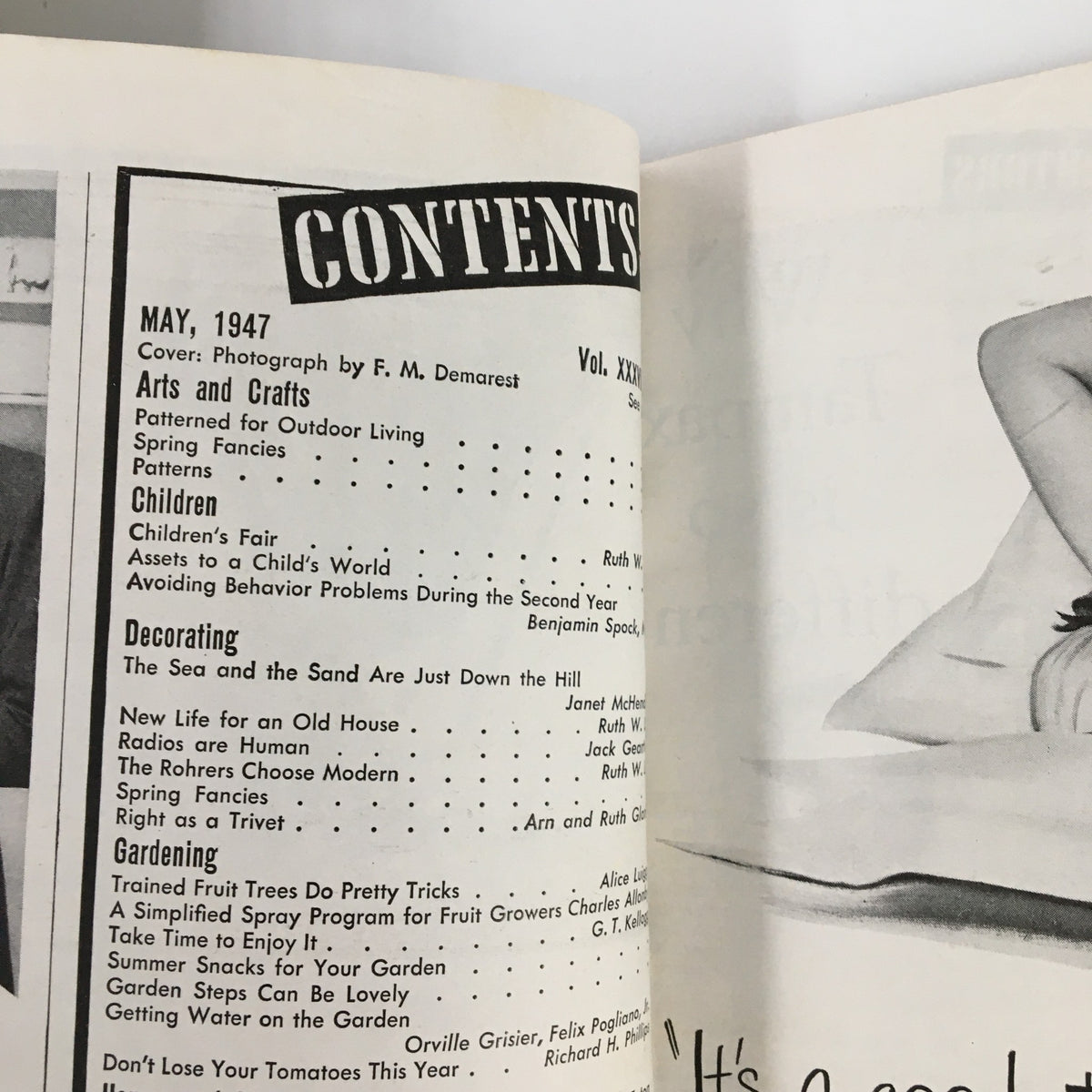 Close-up of the contents page from 'VTG The American Home May 1947' magazine, highlighting features on arts, crafts, and gardening.
