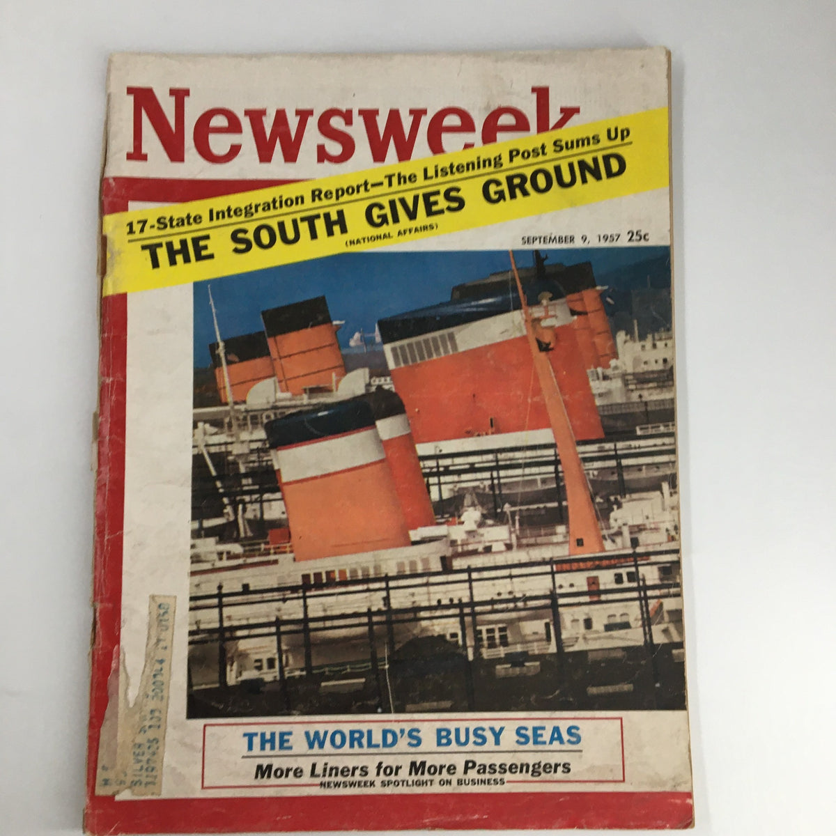VTG Newsweek Magazine September 9 1957 featuring a cover titled 'The South Gives Ground', displaying a prominent image of ships in a harbor, relevant to national affairs during that historical period.