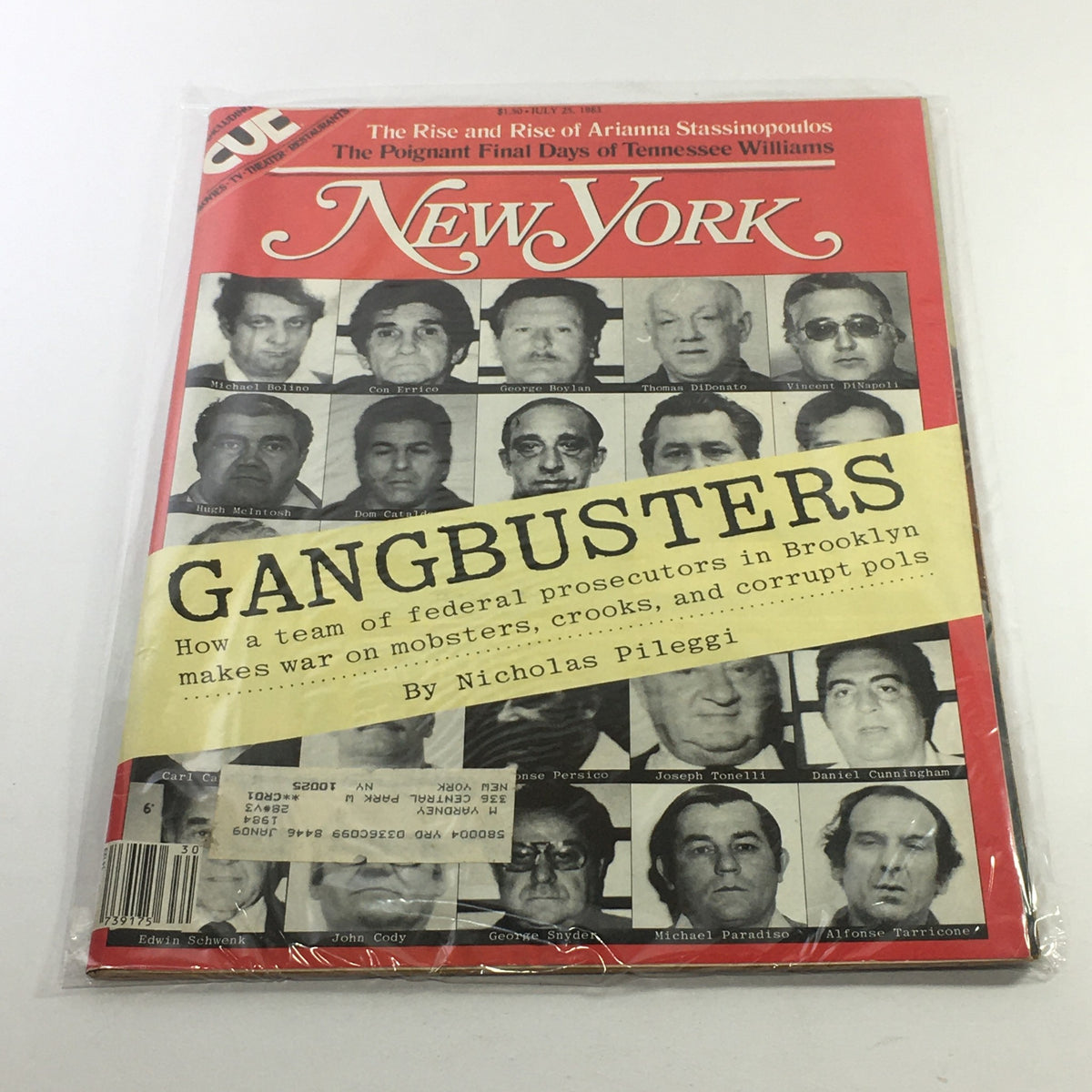 Cover of New York Magazine from July 25, 1983, featuring the title 'Gangbusters' by Nicholas Pileggi, showcasing a collage of criminal mugshots related to federal prosecutions in Brooklyn.