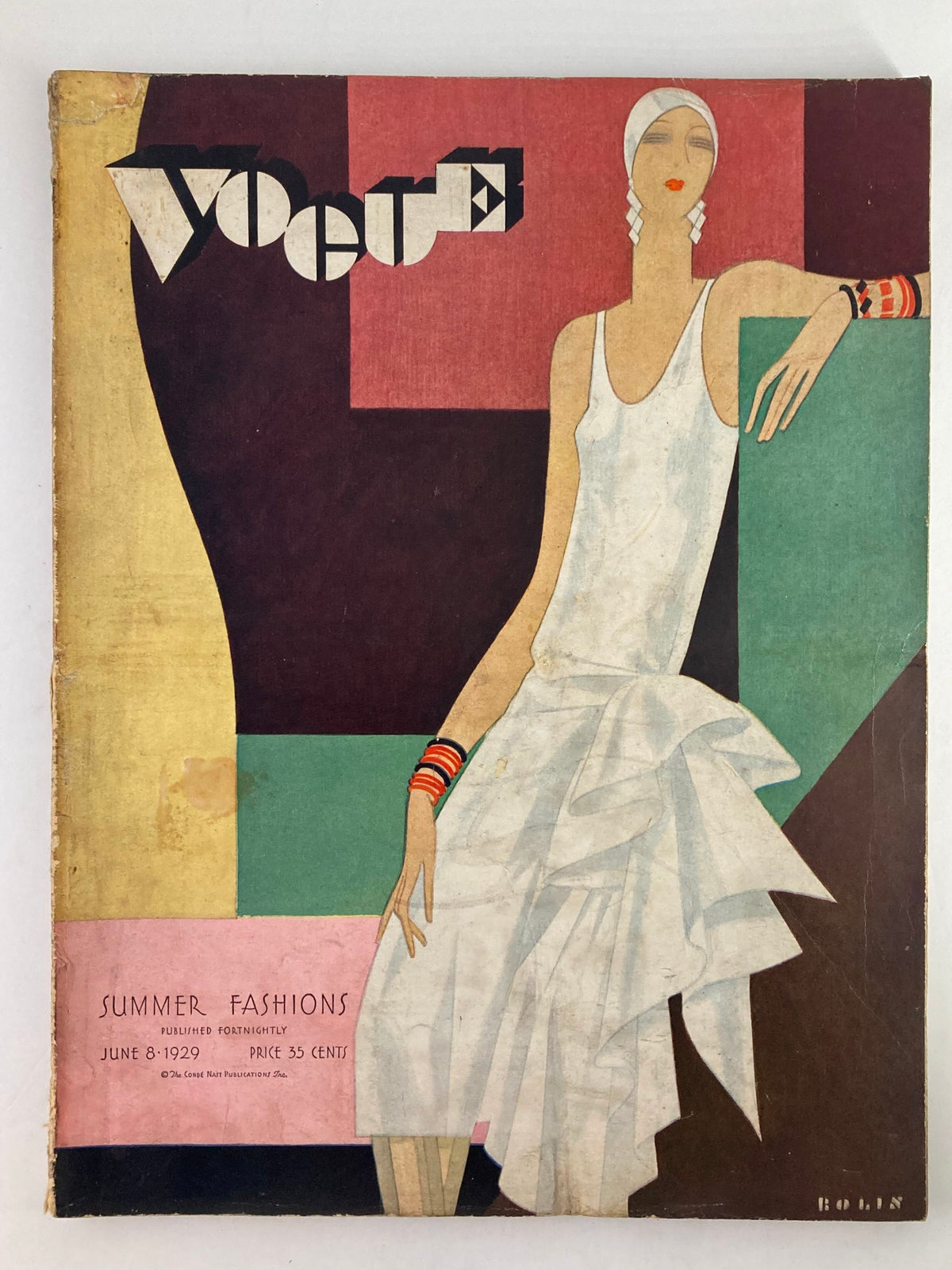 Vintage Vogue Magazine, June 8, 1929: Featuring 'Sports Frock in June Day Crepe' with art deco styling on the cover.