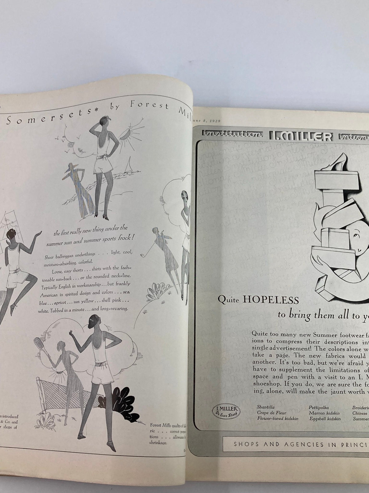 Interior page of VTG Vogue Magazine June 8 1929 showing illustrations of 'Somersets' by Forest Mills, featuring fashion illustrations for summer styles.