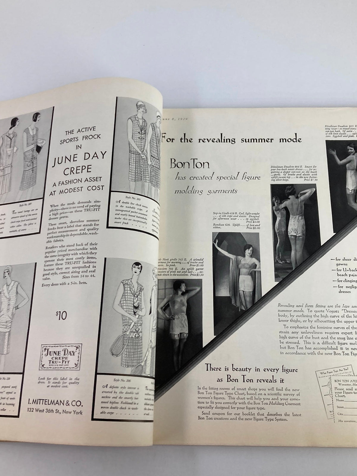 Interior page of VTG Vogue Magazine June 8 1929 highlighting the active sports frock in June Day crepe, featuring various fashion models in elegant summer wear.