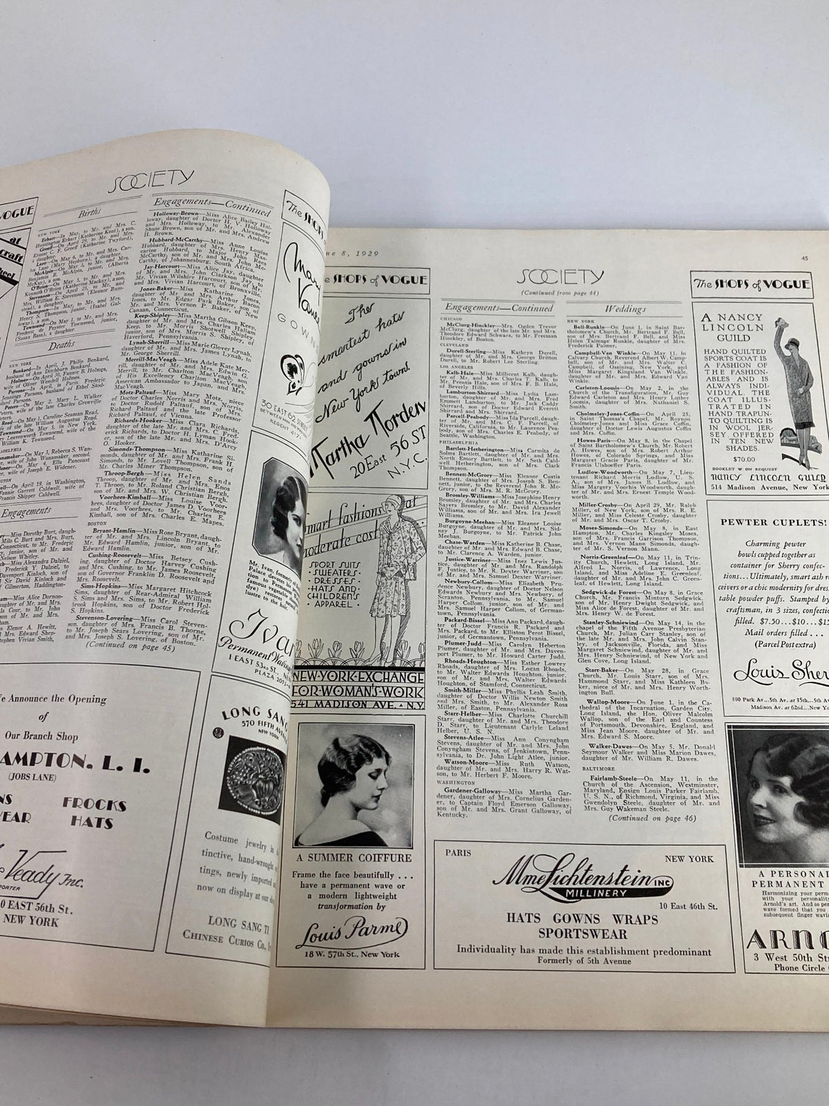 Interior page of VTG Vogue Magazine June 8 1929 featuring a society column with fashion advertisements and promotions for dresses and accessories.