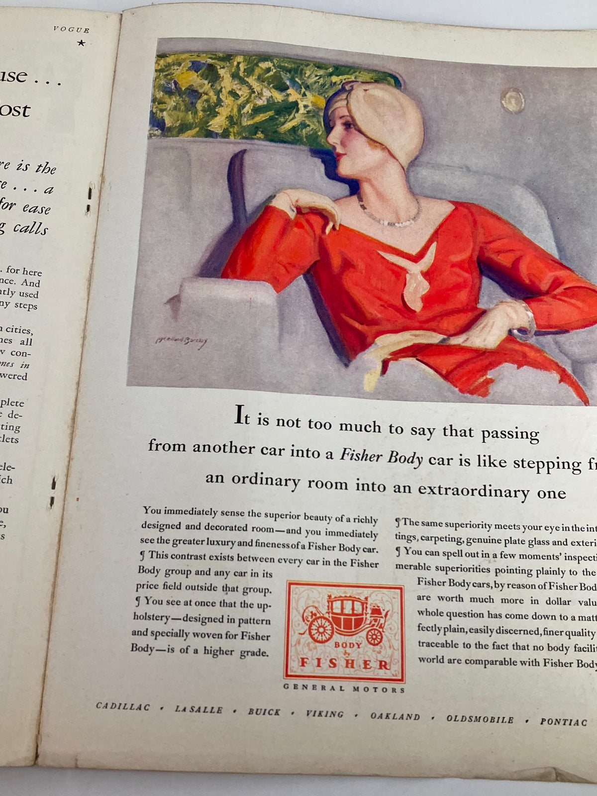 Interior page of VTG Vogue Magazine June 8 1929 showcasing a fashionable woman wearing a red dress, promoting Fisher Body cars, and featuring detailed vintage illustration art.