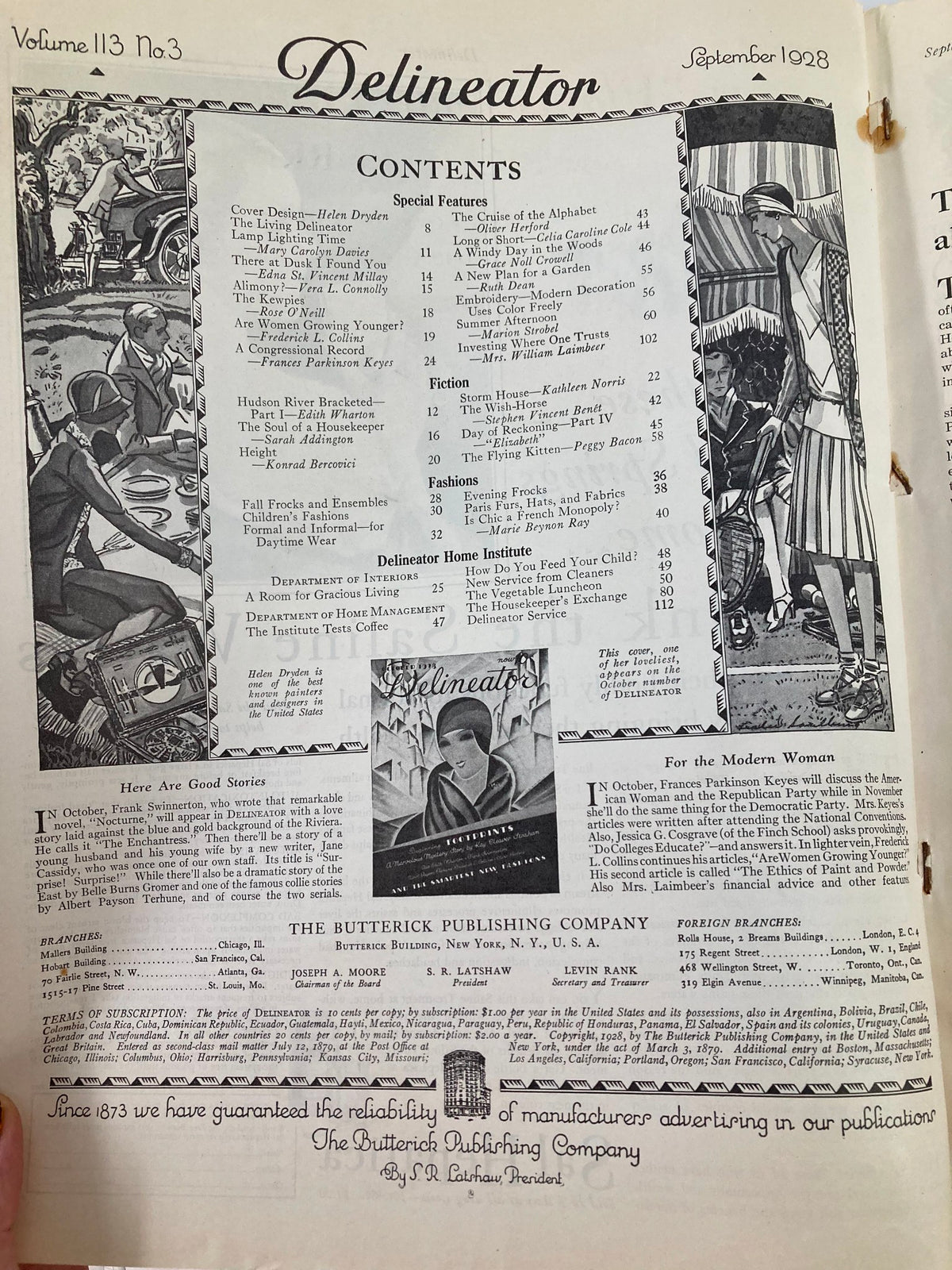 Inside page of the VTG Delineator Magazine November 1928 featuring the table of contents, showcasing period content and the magazine's vintage design elements.