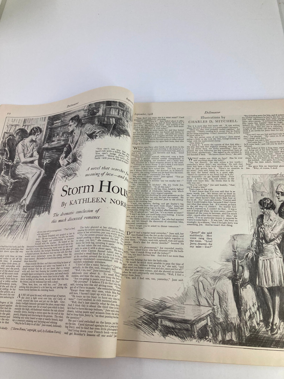 Interior page of VTG Delineator Magazine from September 1928 titled 'Storm House', an article by Kathleen Norris about romance and family dynamics, illustrated appropriately.