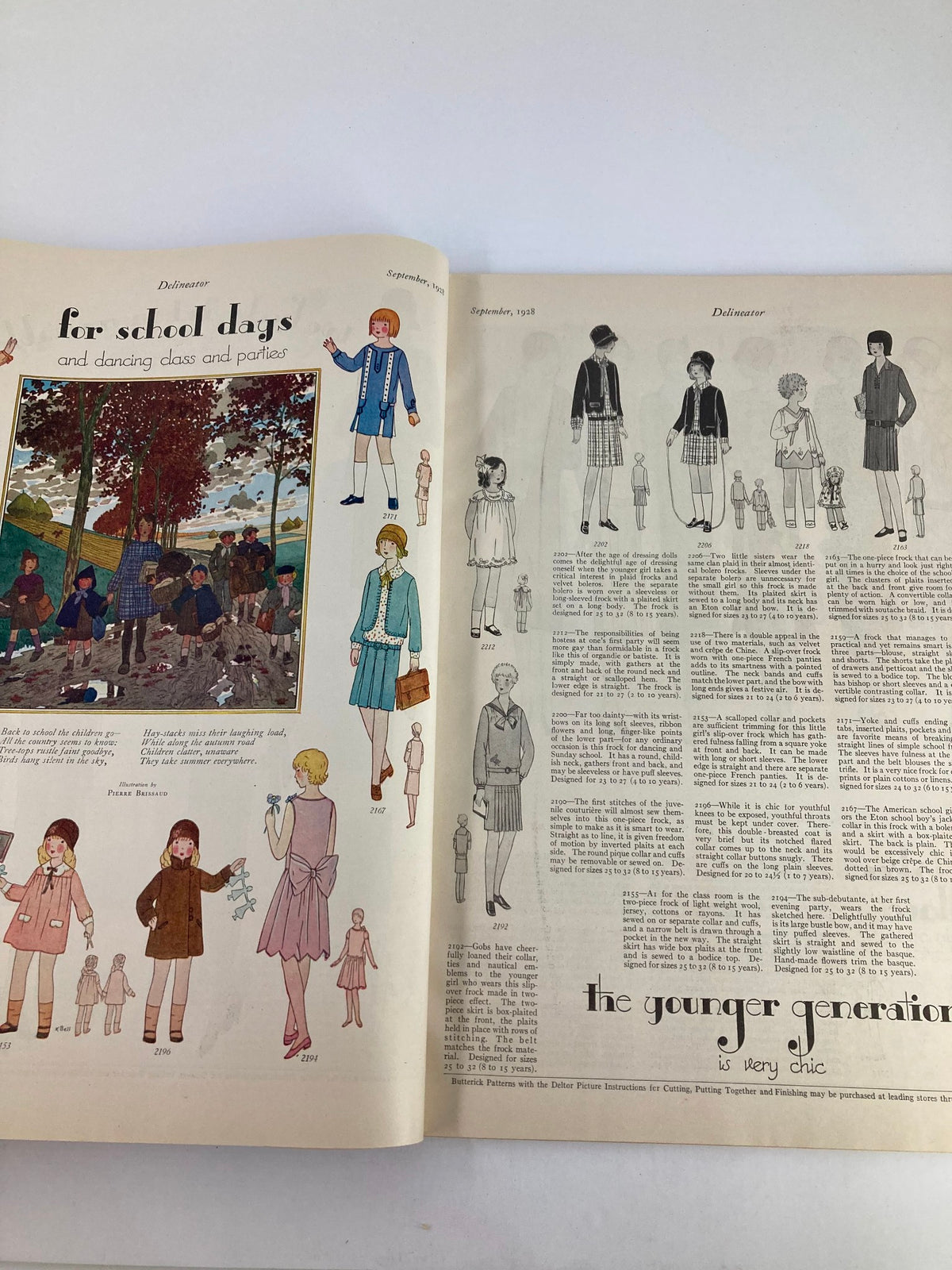 Interior page of VTG Delineator Magazine from September 1928 focusing on children's fashion with illustrations, including styles for school days and family events.