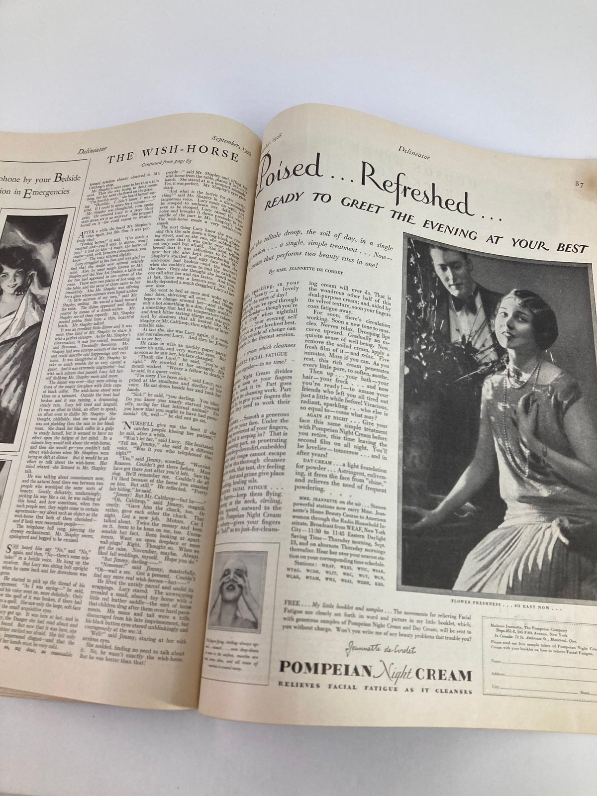 Interior page of VTG Delineator Magazine November 1928 by Helen Dryden featuring a beauty advertisement for Pompeian Night Cream.
