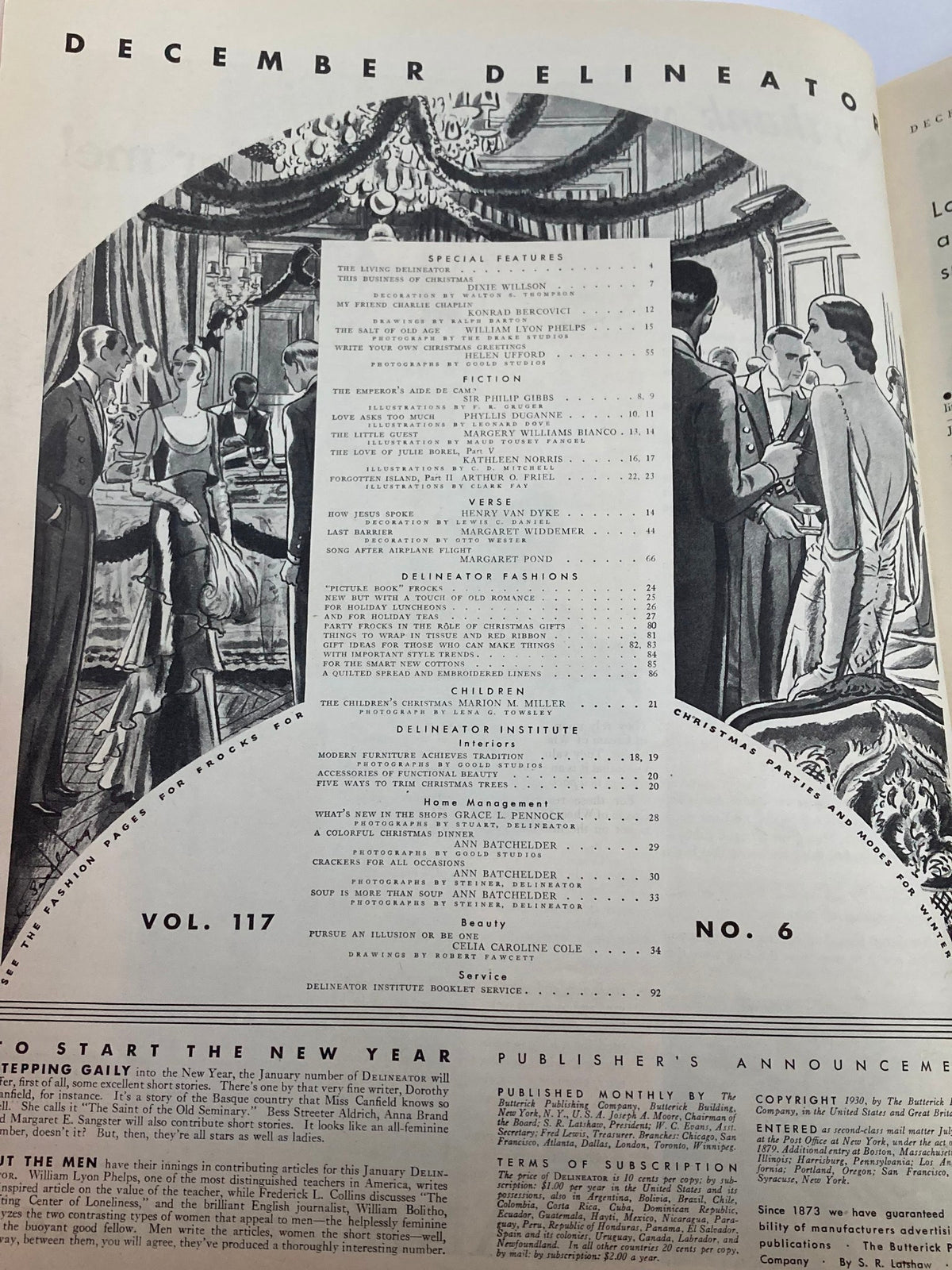 Interior page of the VTG Delineator Magazine December 1930, displaying the table of contents with descriptions of features and articles, including stories related to fashion, festivities, and cultural insights from the era.