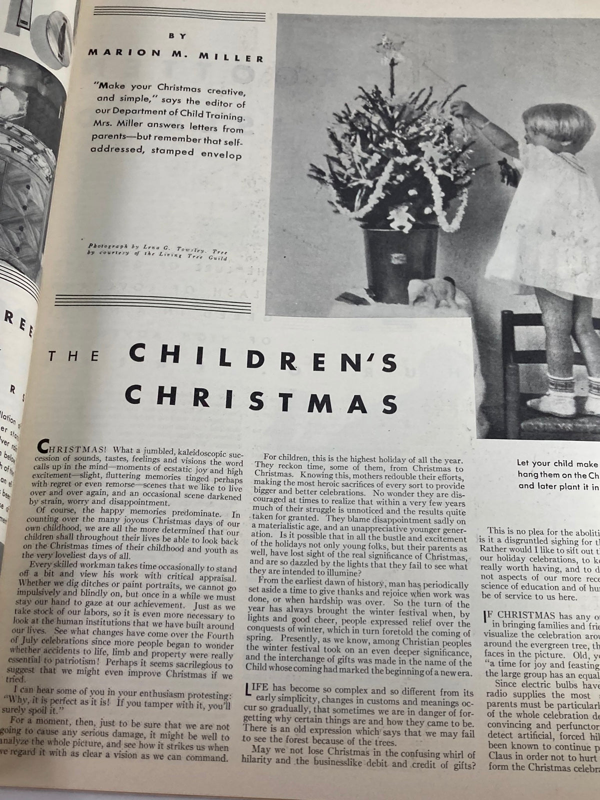 Inside page from VTG Delineator Magazine December 1930 featuring an article titled 'The Children's Christmas' by Marion M. Miller, with a photograph of a child decorating a Christmas tree.