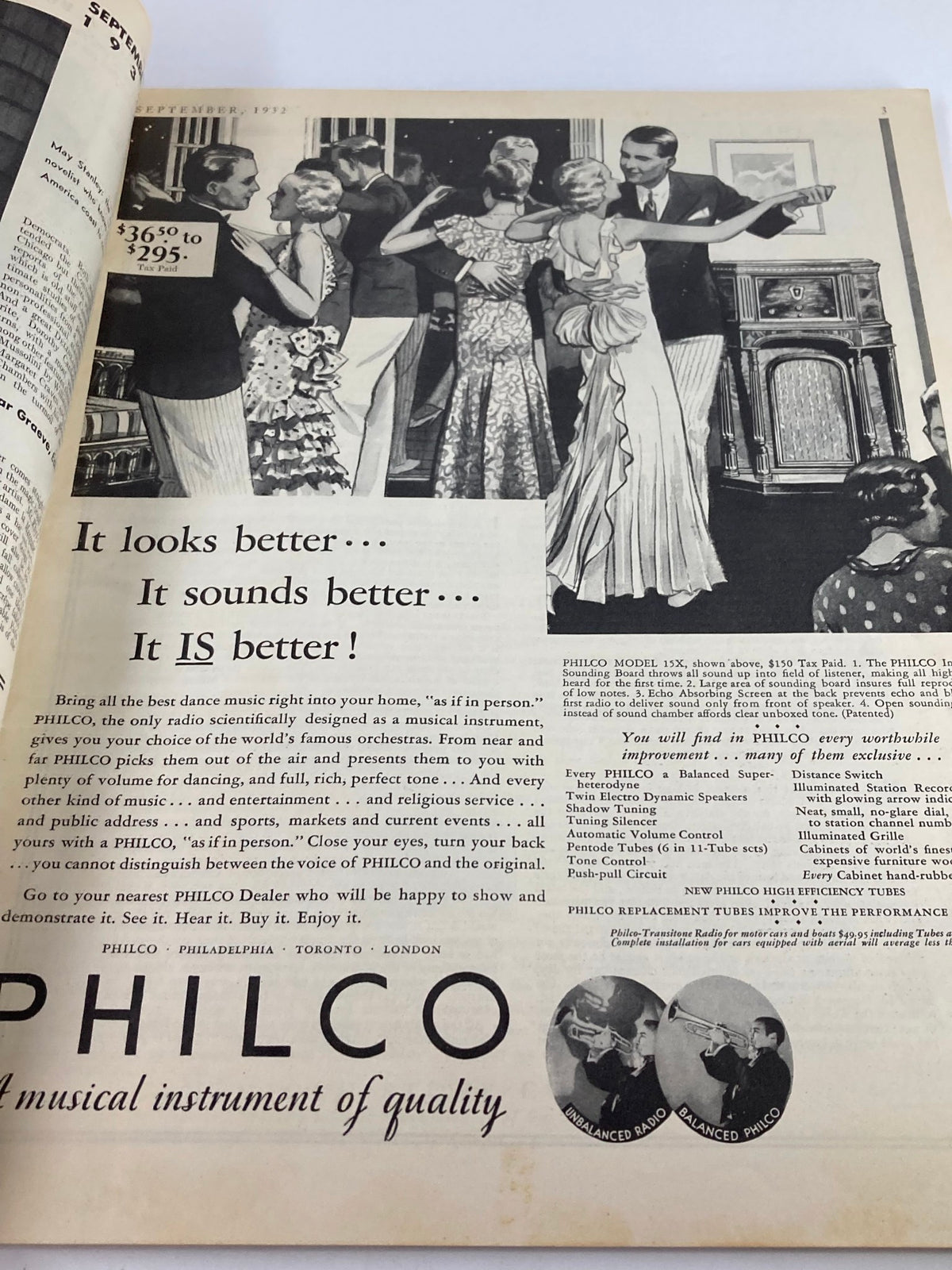 Interior advertisement page from the VTG Delineator Magazine of September 1932, showcasing a vintage Philco radio with dancing couples, connected to the era of 'Whatever Love Is' by Robert W. Chambers.