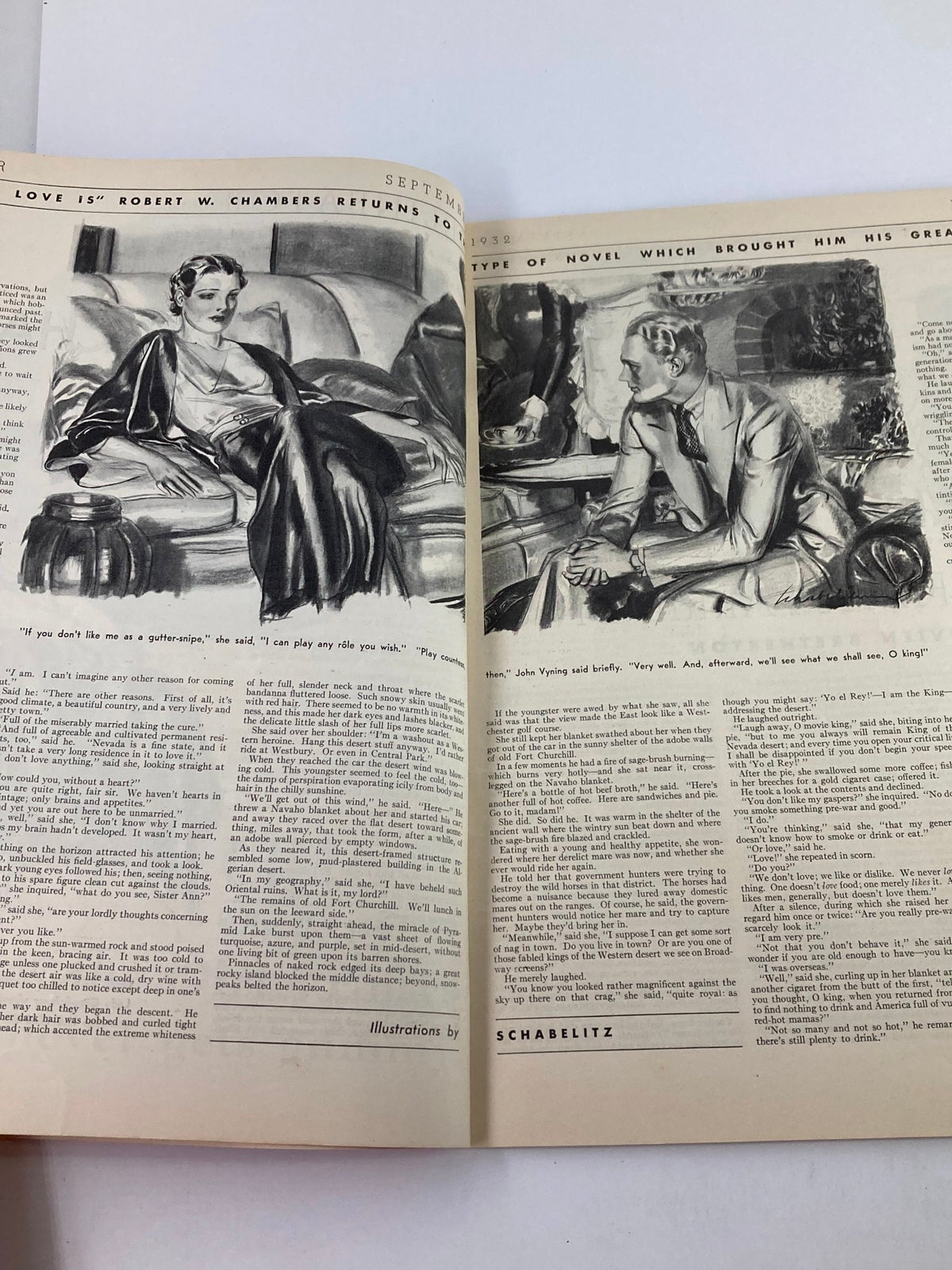 VTG Delineator Magazine September 1932 page featuring the short story 'Whatever Love Is' by Robert W. Chambers with artistic illustrations.