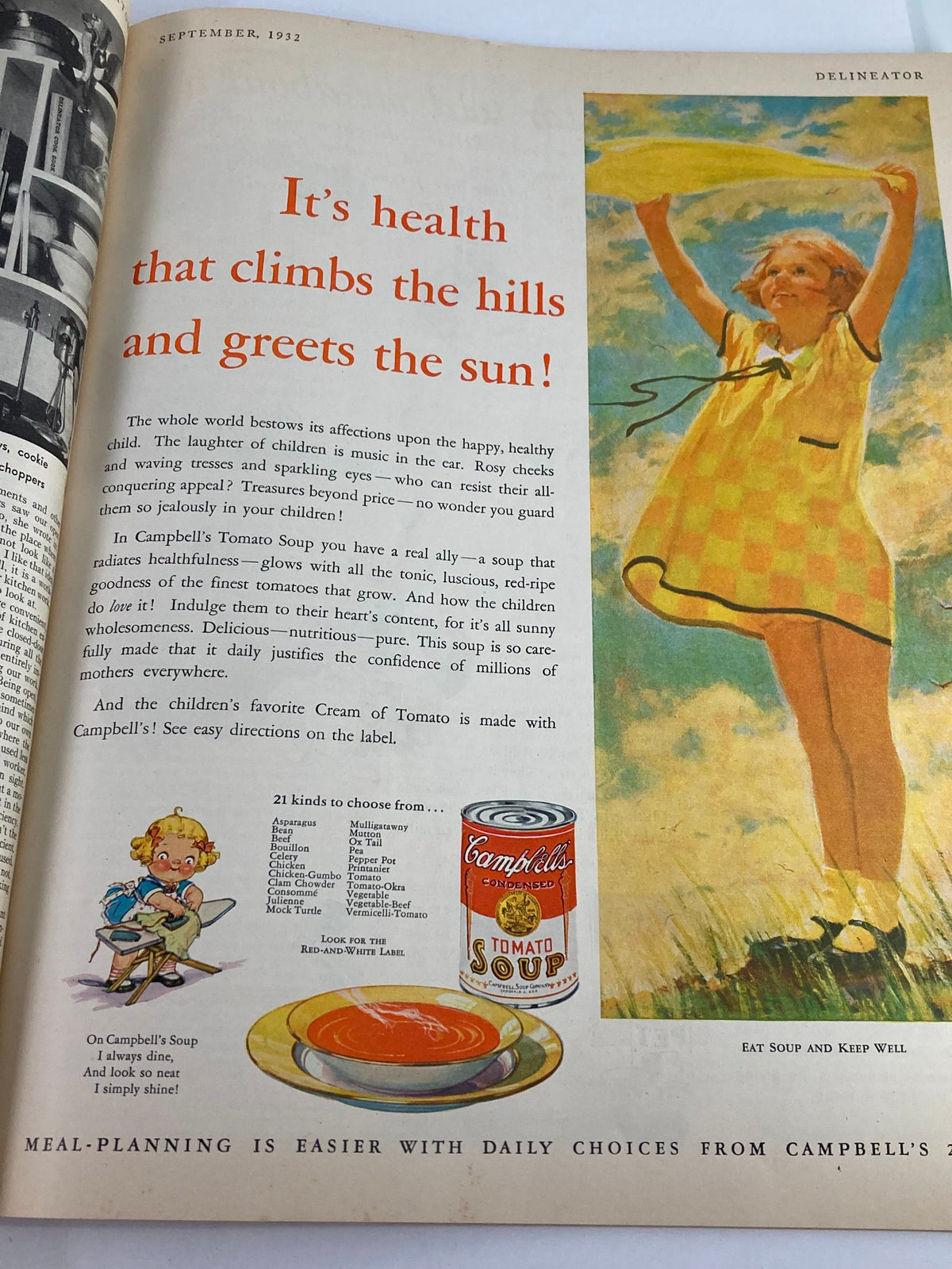 VTG Delineator Magazine September 1932 advertisement for Campbell's Tomato Soup highlighting health benefits and appealing visuals.