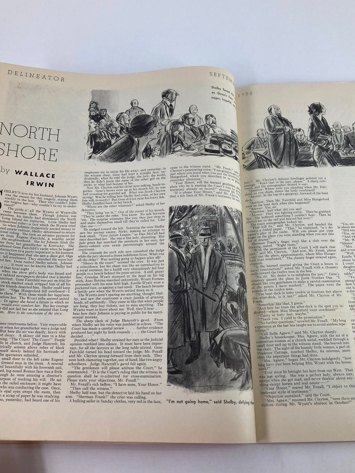 VTG Delineator Magazine September 1932 page from the story 'North Shore' by Wallace Irwin featuring engaging illustrations and text.
