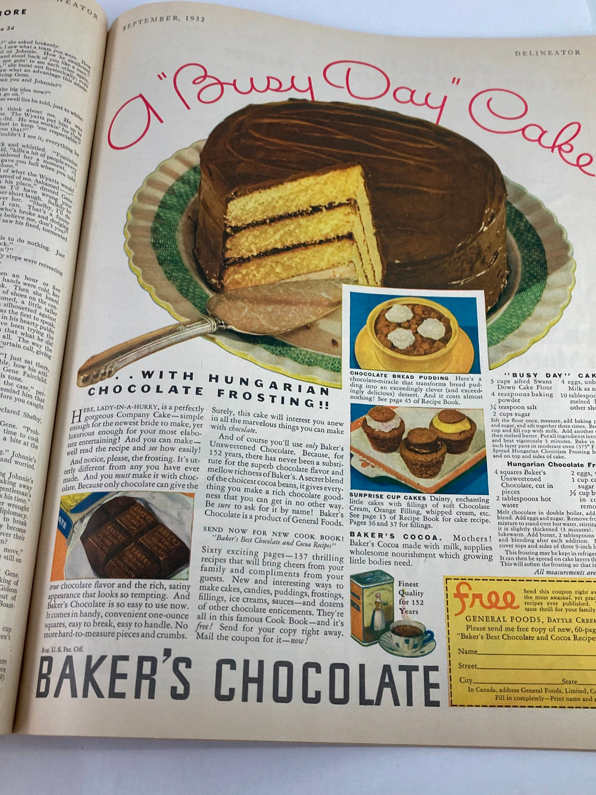 VTG Delineator Magazine September 1932 page featuring a recipe for 'Busy Day' Cake with images and promotional content from Baker's Chocolate.