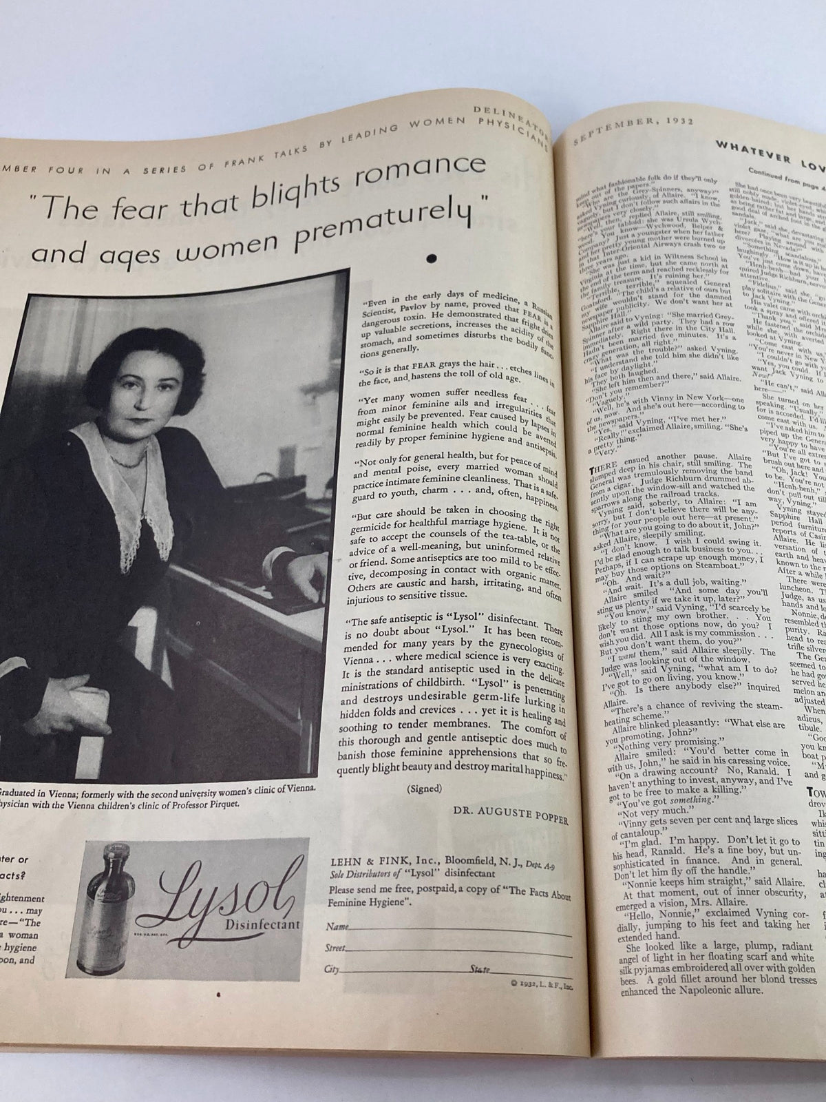 Interior page of VTG Delineator Magazine September 1932 featuring an article on women's health with a photograph and an advertisement for Lysol disinfectant.