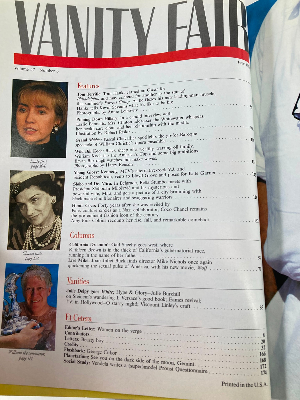 Inside page of Vanity Fair Magazine June 1994, highlighting features on Tom Hanks and other notable figures, with a focus on film and cultural commentary.