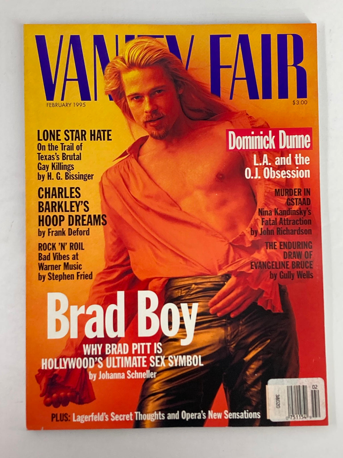 Vanity Fair Magazine cover from February 1995 featuring Brad Pitt, titled 'Brad Boy: Why Brad Pitt is Hollywood's Ultimate Sex Symbol'. The cover reflects 90s pop culture with Brad Pitt styled dramatically.